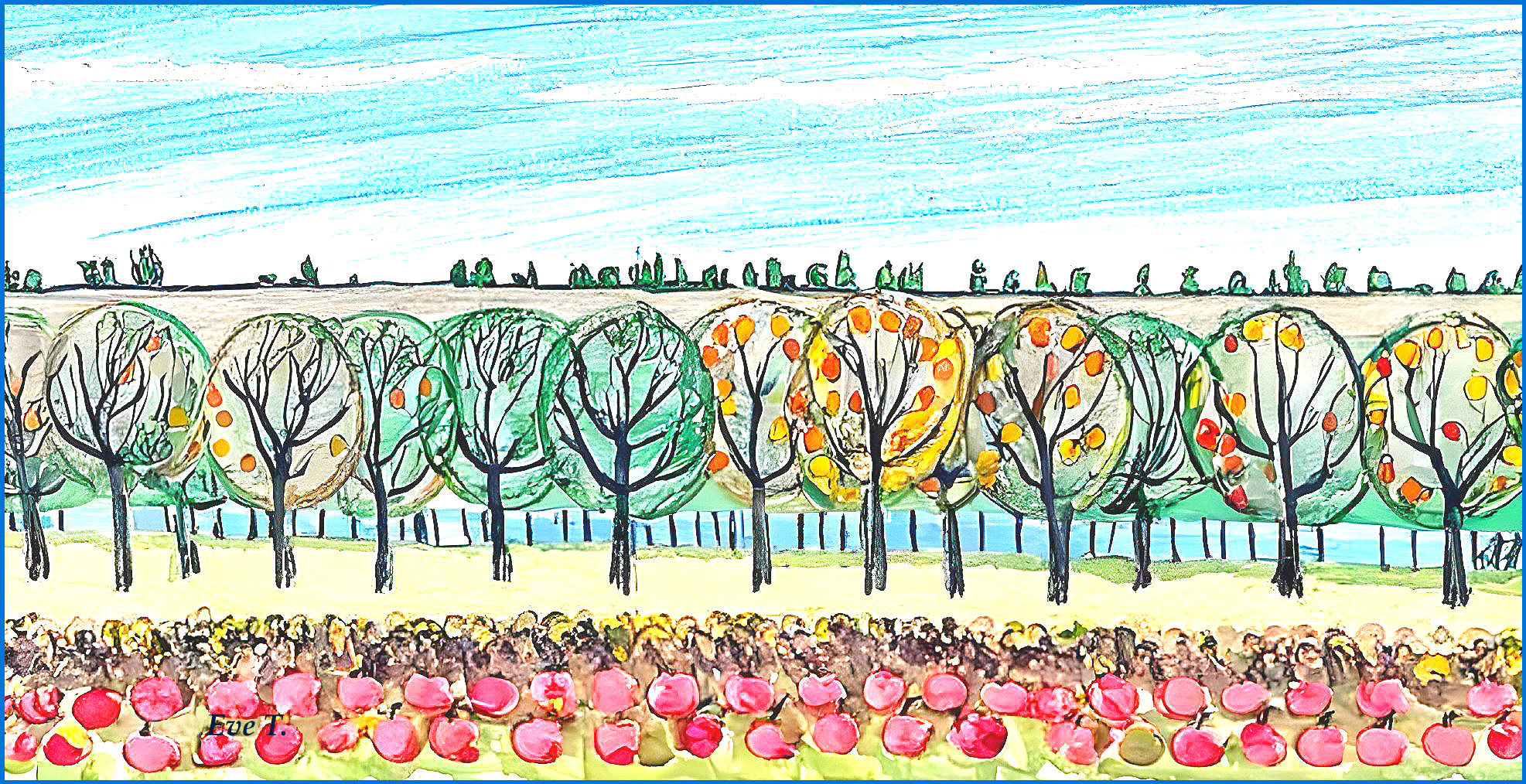 Autumn Landscape with Colorful Trees and Gathering People