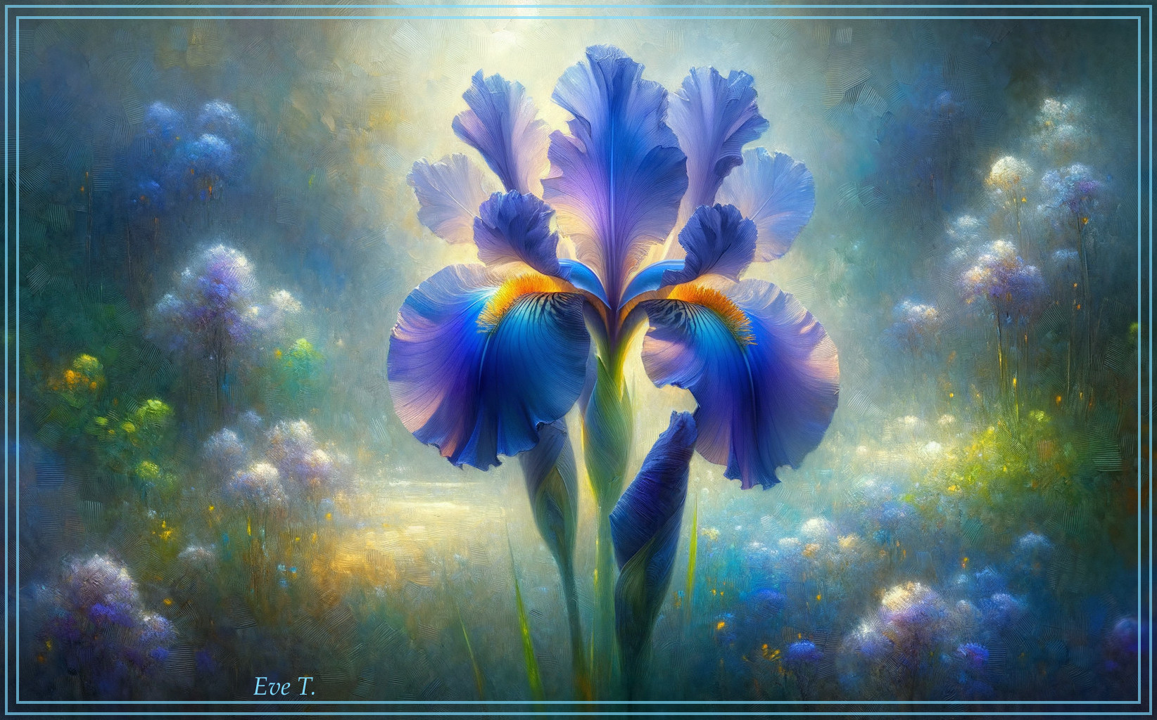 Vibrant Dreamlike Illustration of Irises in Mist