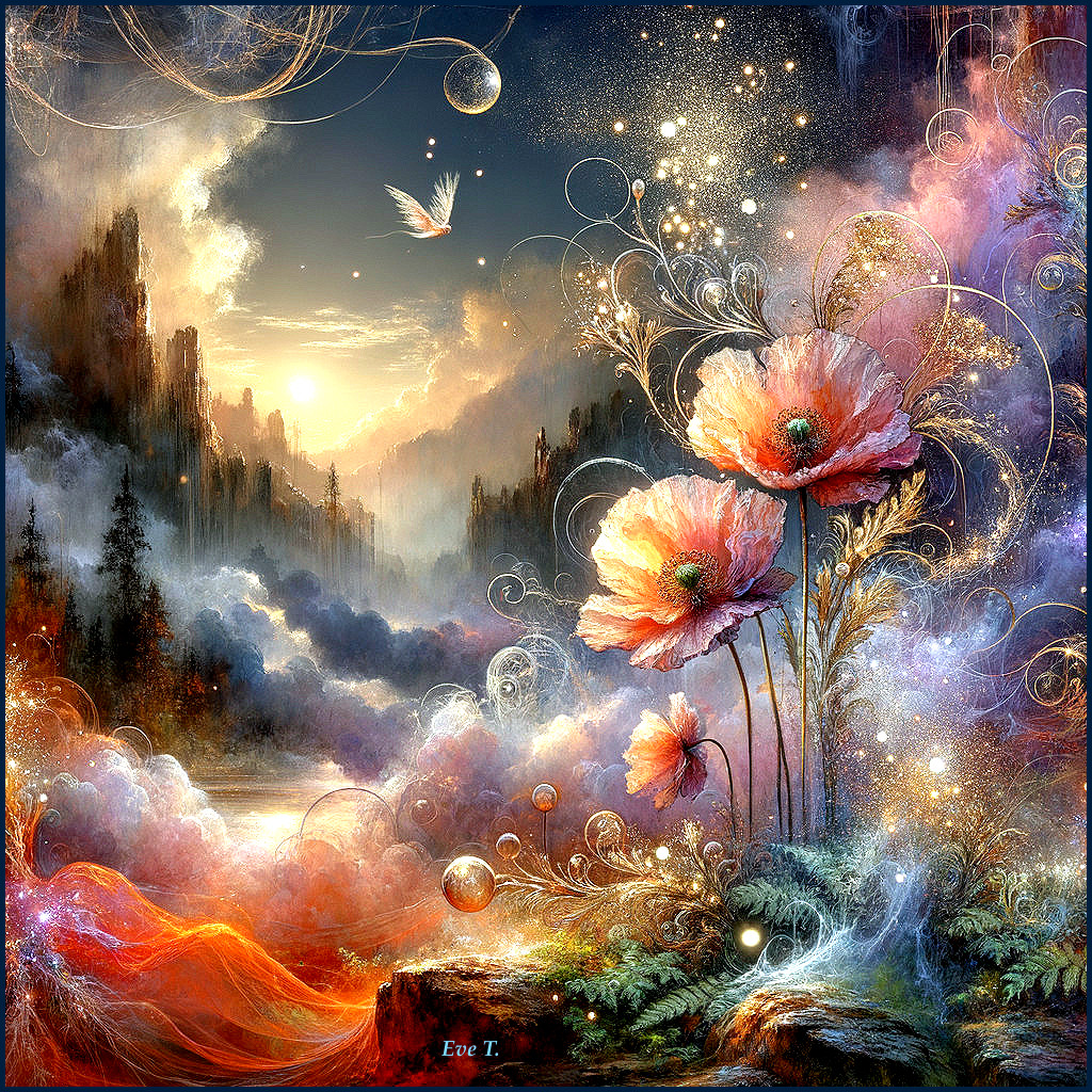 Vibrant Dreamlike Landscape with Ethereal Elements