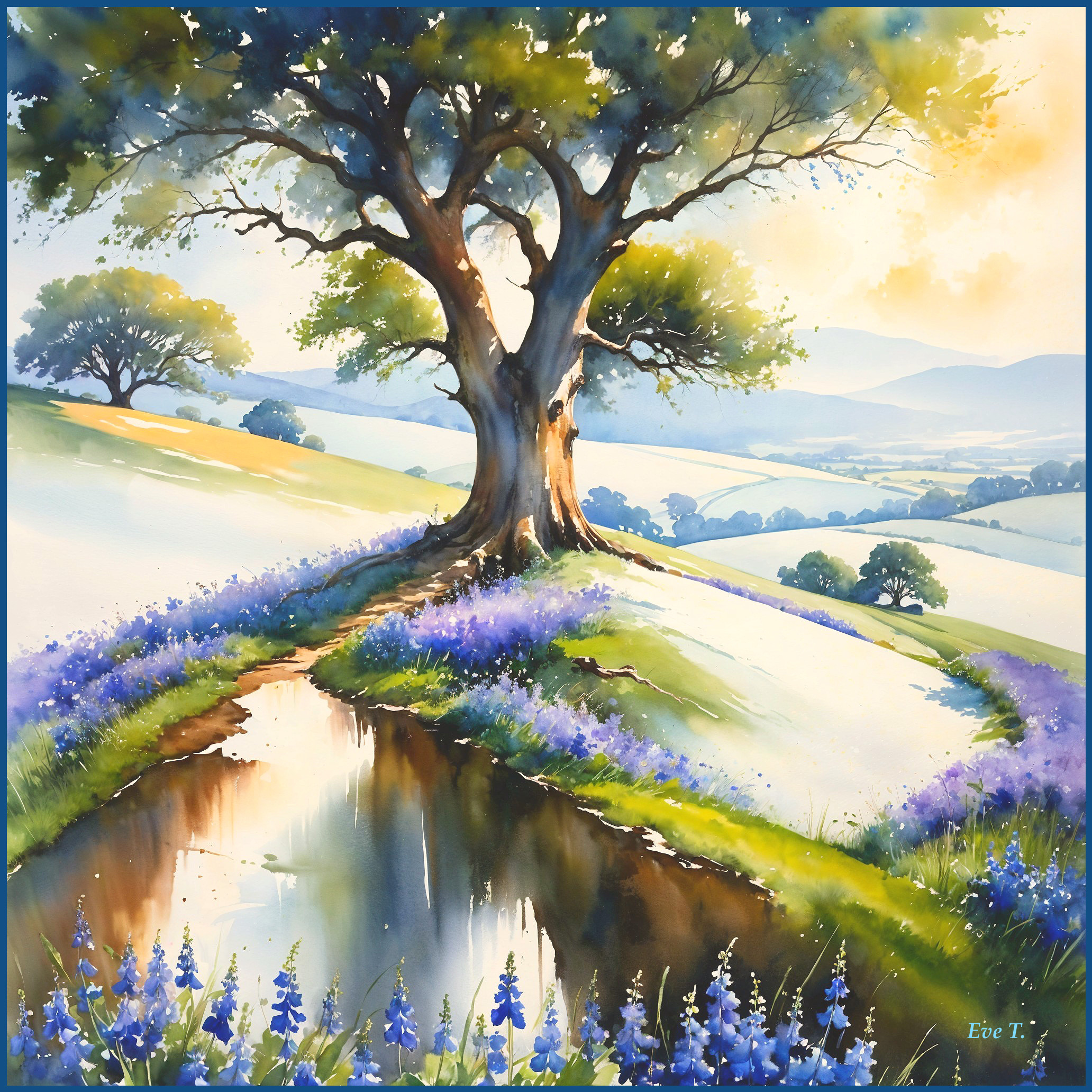 Serene Landscape with Majestic Tree and Stream