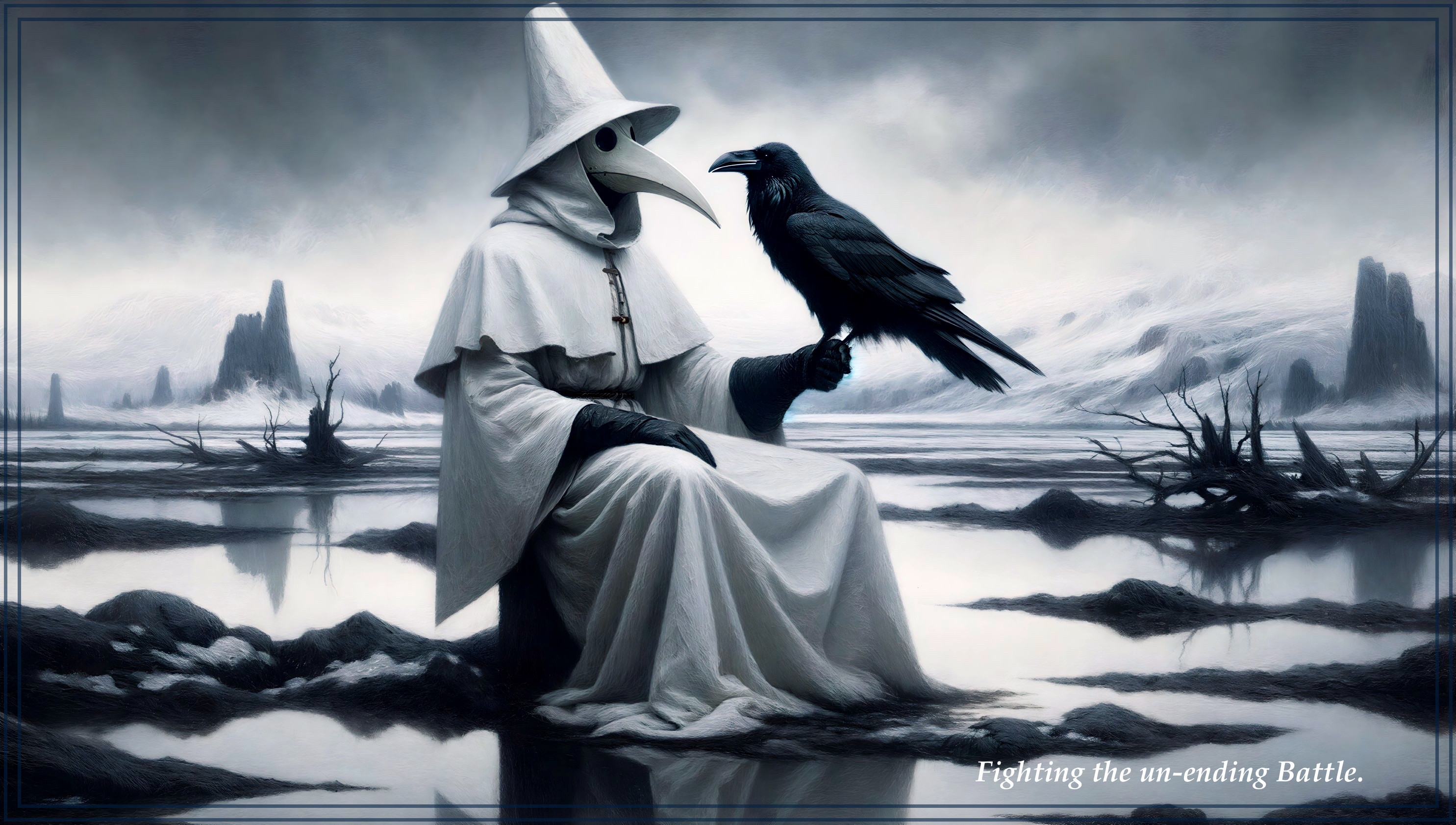 Cloaked Figure by Somber Lake with Raven Symbolism