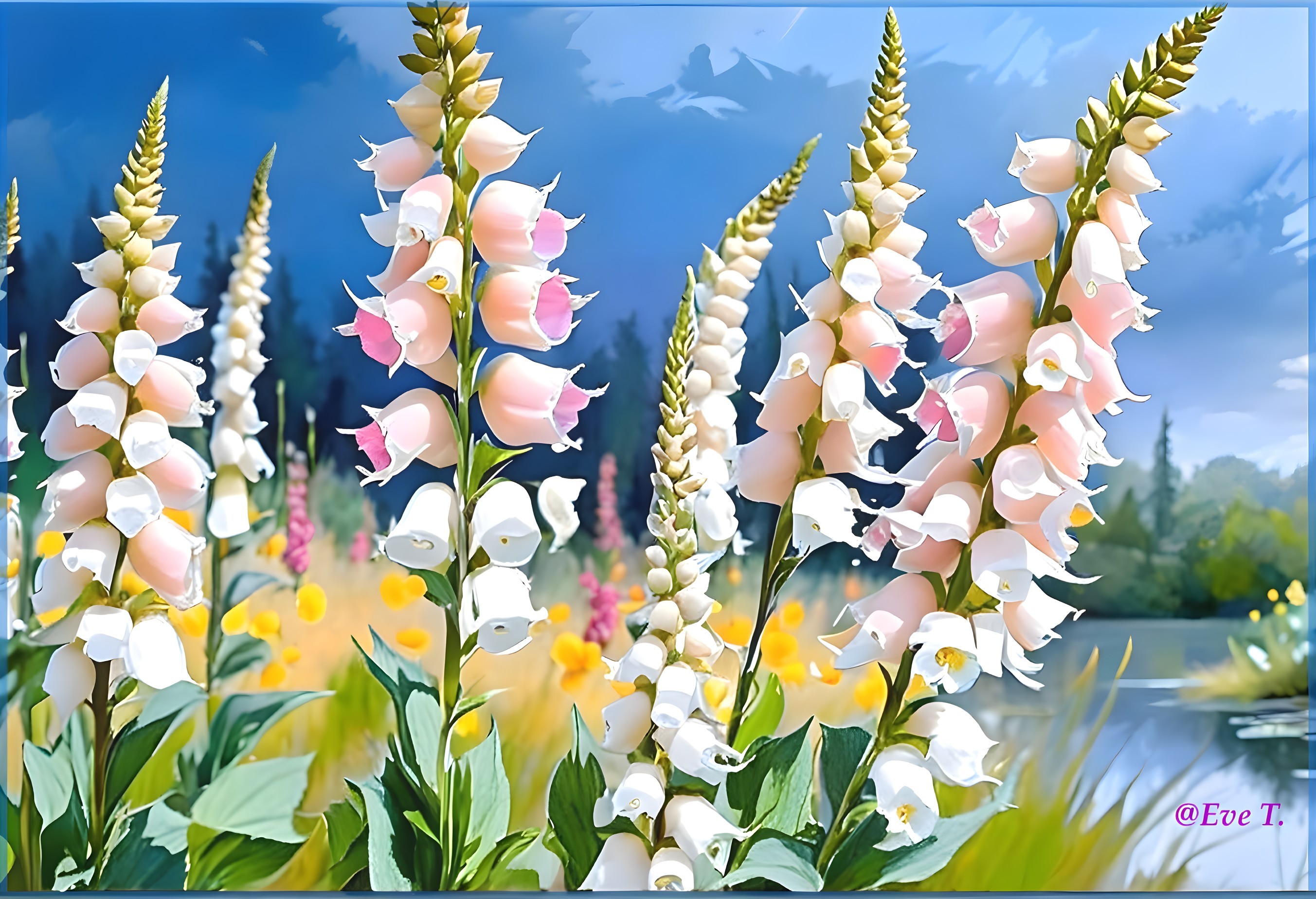 Vibrant Foxglove Flowers by a Serene Lake Scene