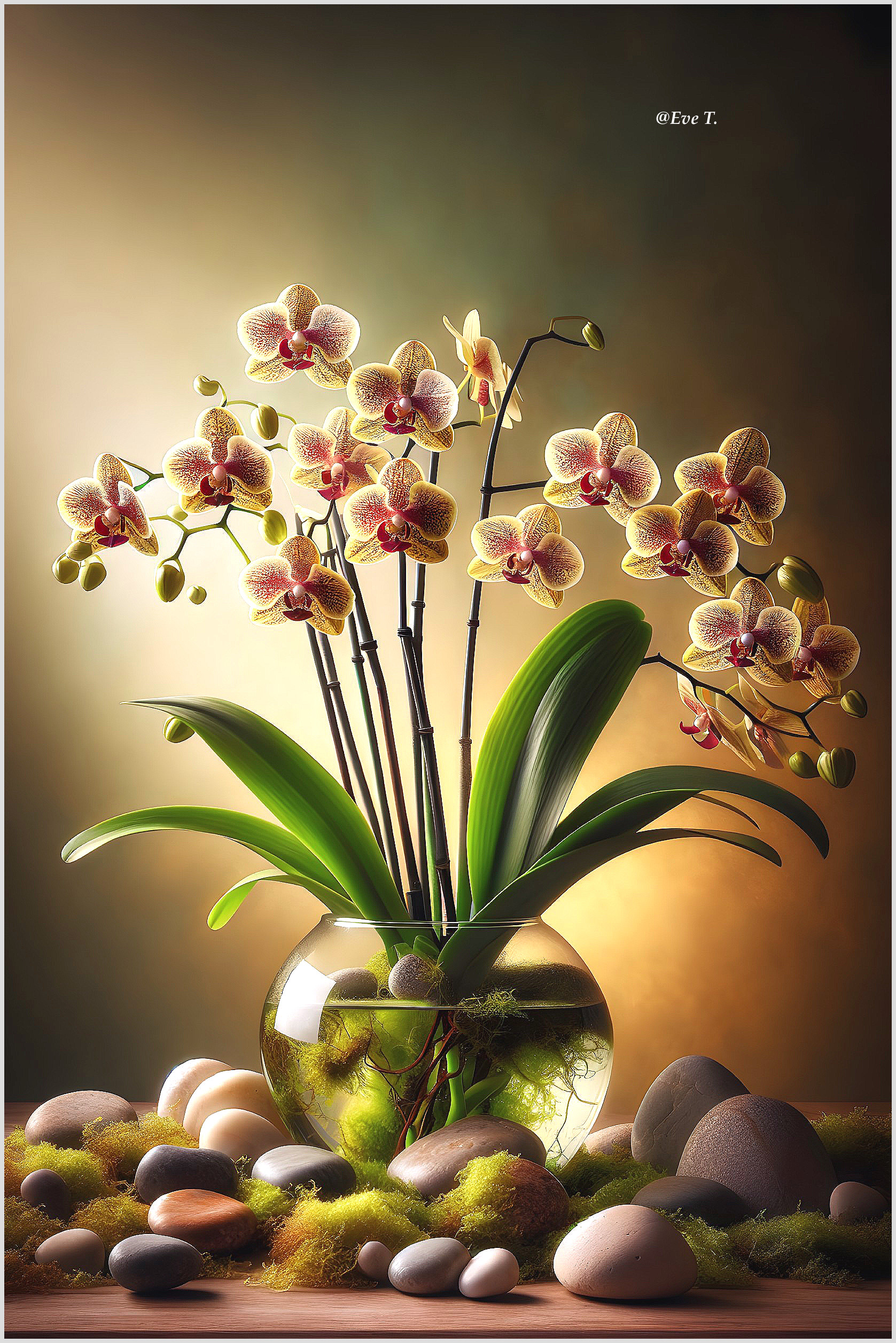 Vibrant Orchids in Glass Vase with Natural Decor
