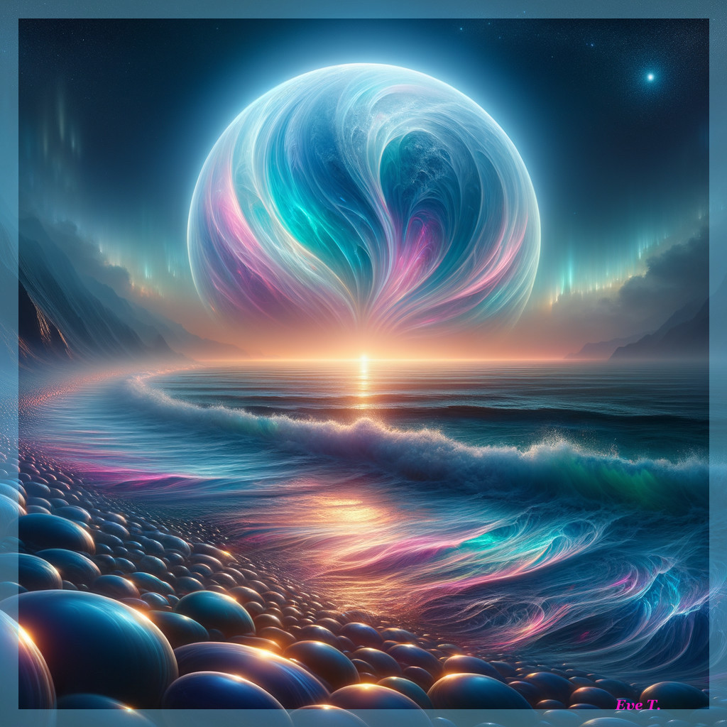 Surreal Beach Scene with Vibrant Moon at Dusk