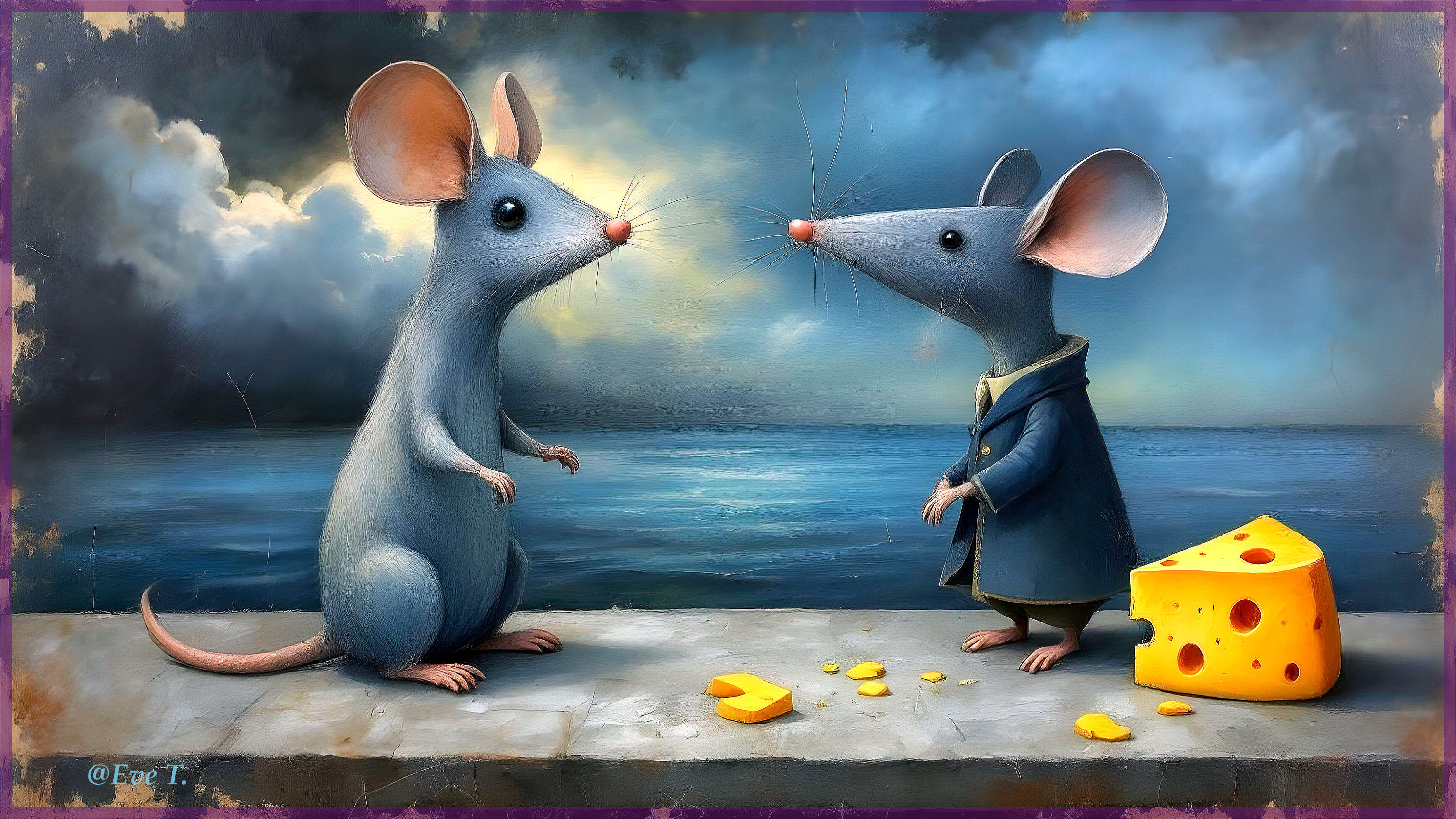 Cartoon Mice by Water with Cheese and Dramatic Sky