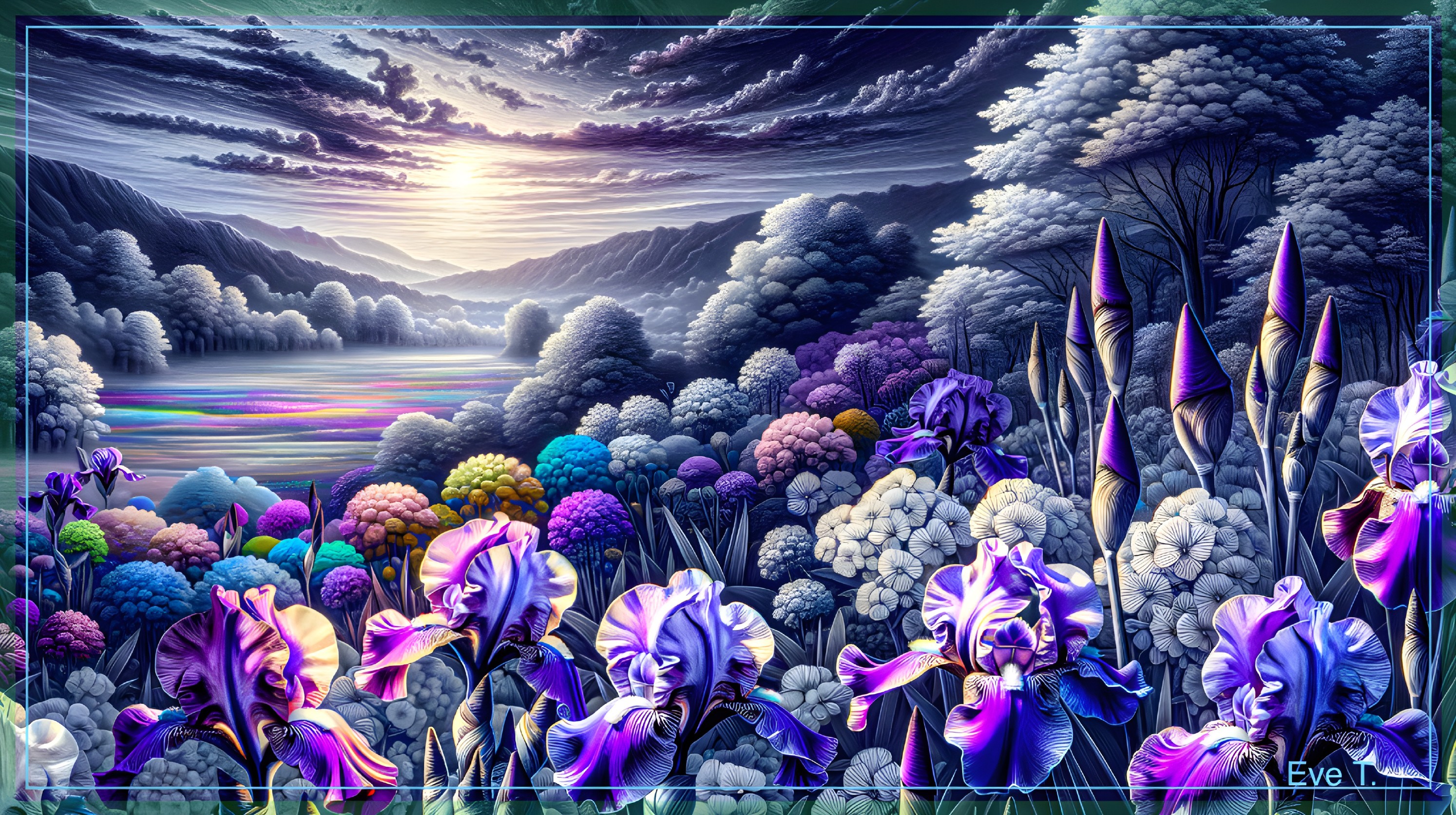 Vibrant Valley Landscape with Blooming Irises and Trees