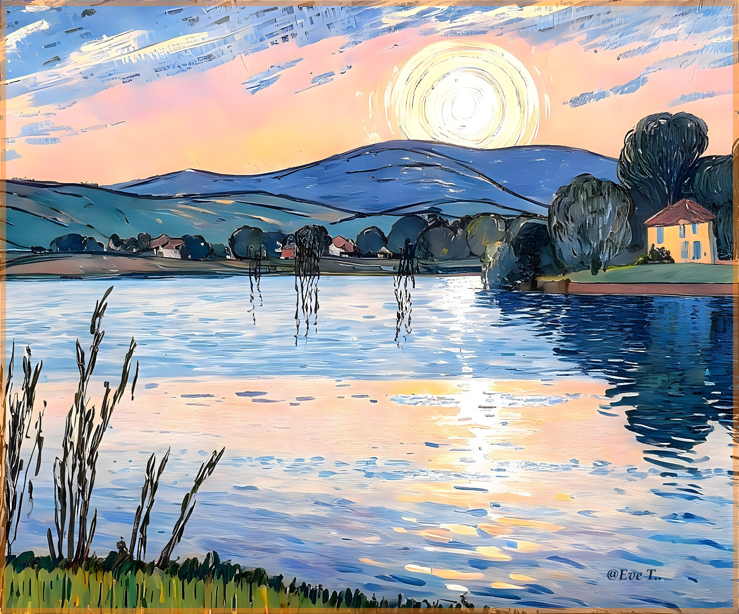 Serene Sunset Landscape with Calm Lake and Hills