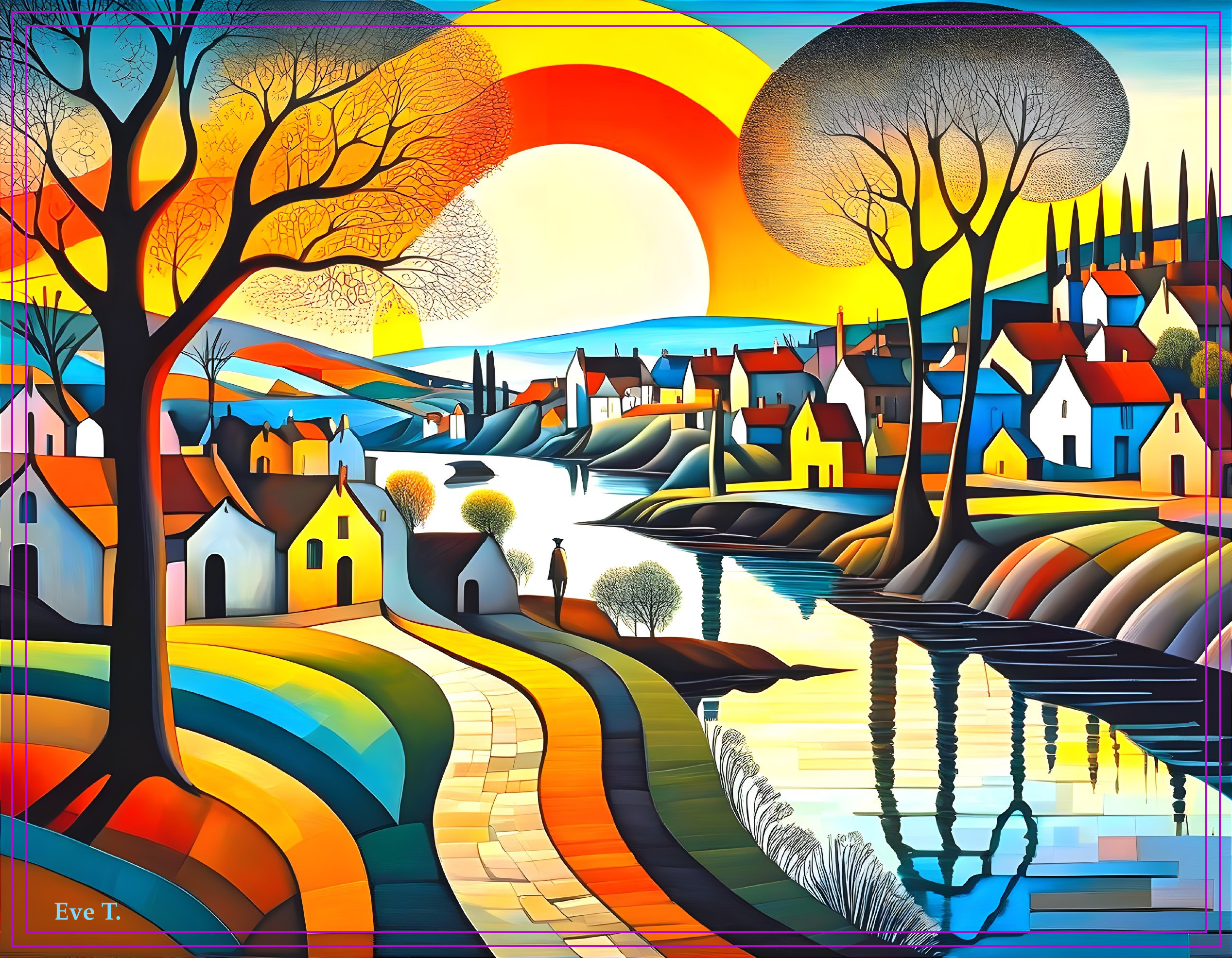 Vibrant Landscape with Sunset Over Serene River