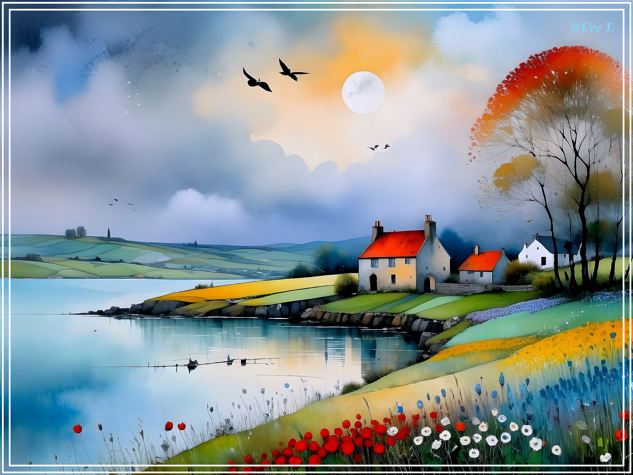 Tranquil Lake Landscape with Cottages and Hills