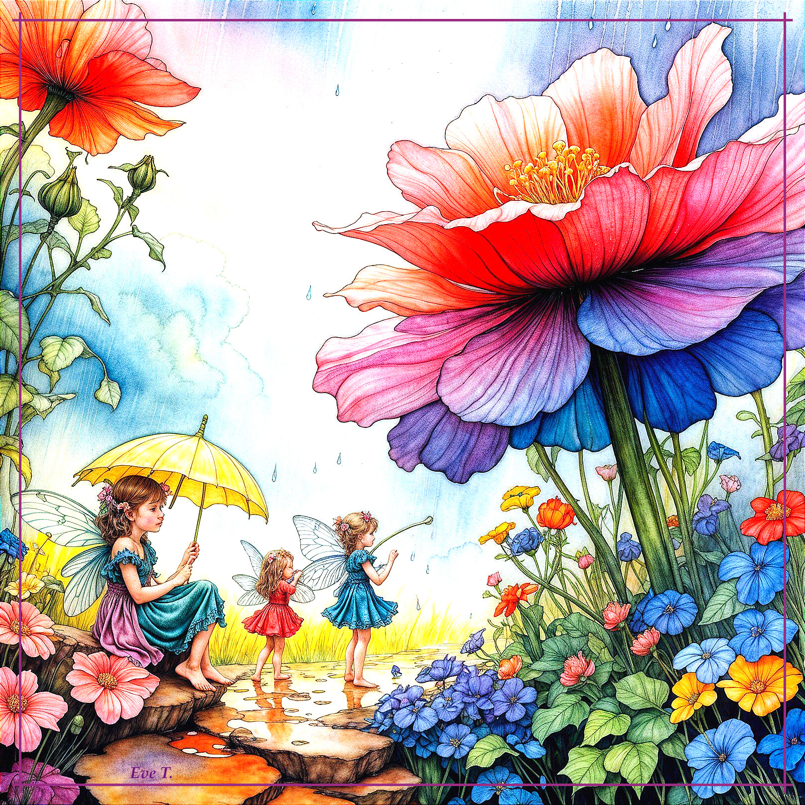 Whimsical Garden Scene with Mother and Daughters