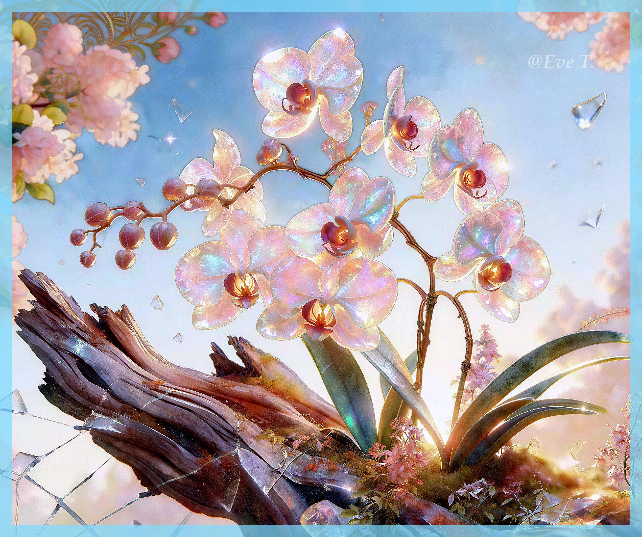 Mother-of-pearl orchids on driftwood with moss and crystals