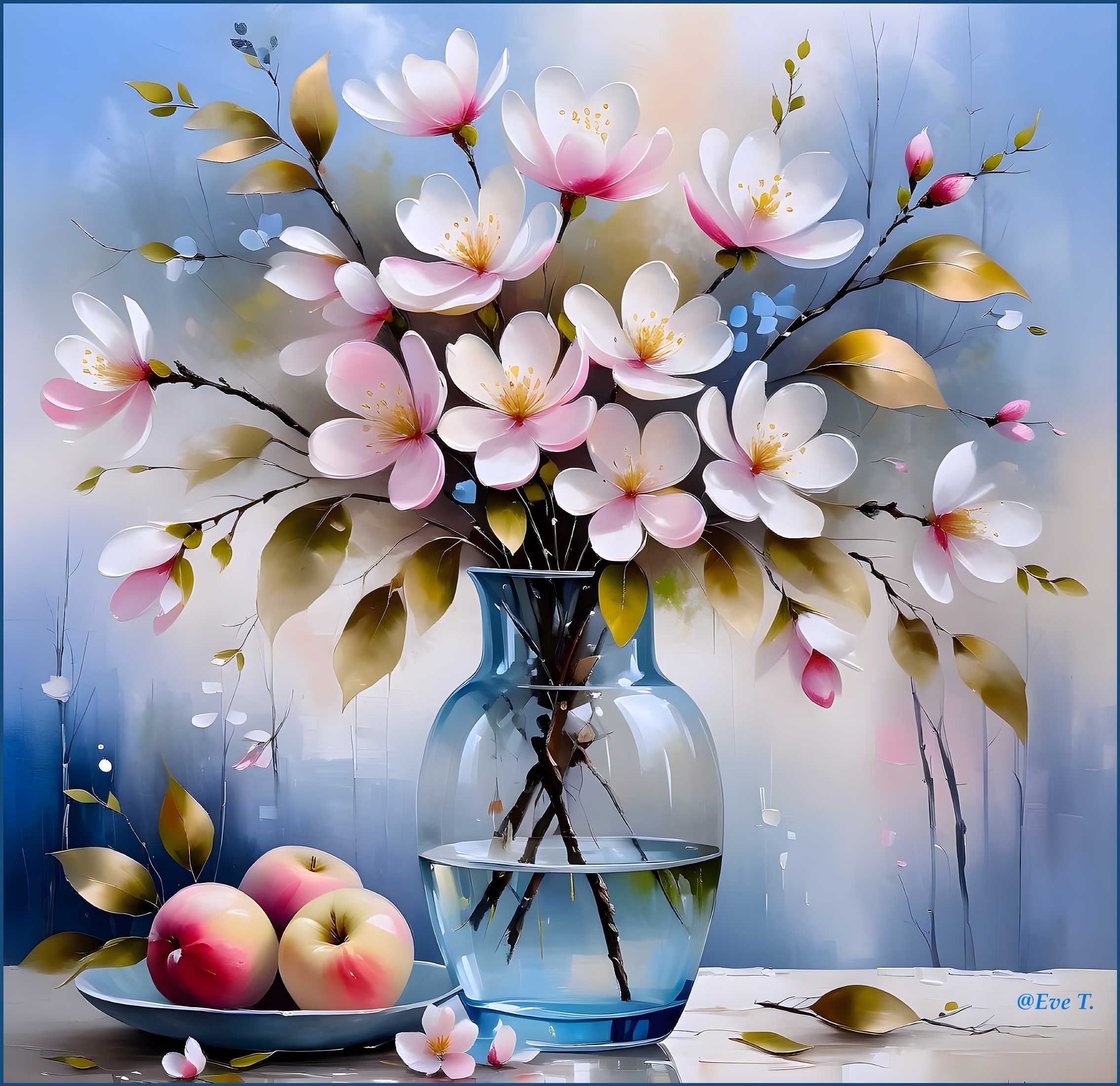 Delicate Pink and White Blossoms in Glass Vase
