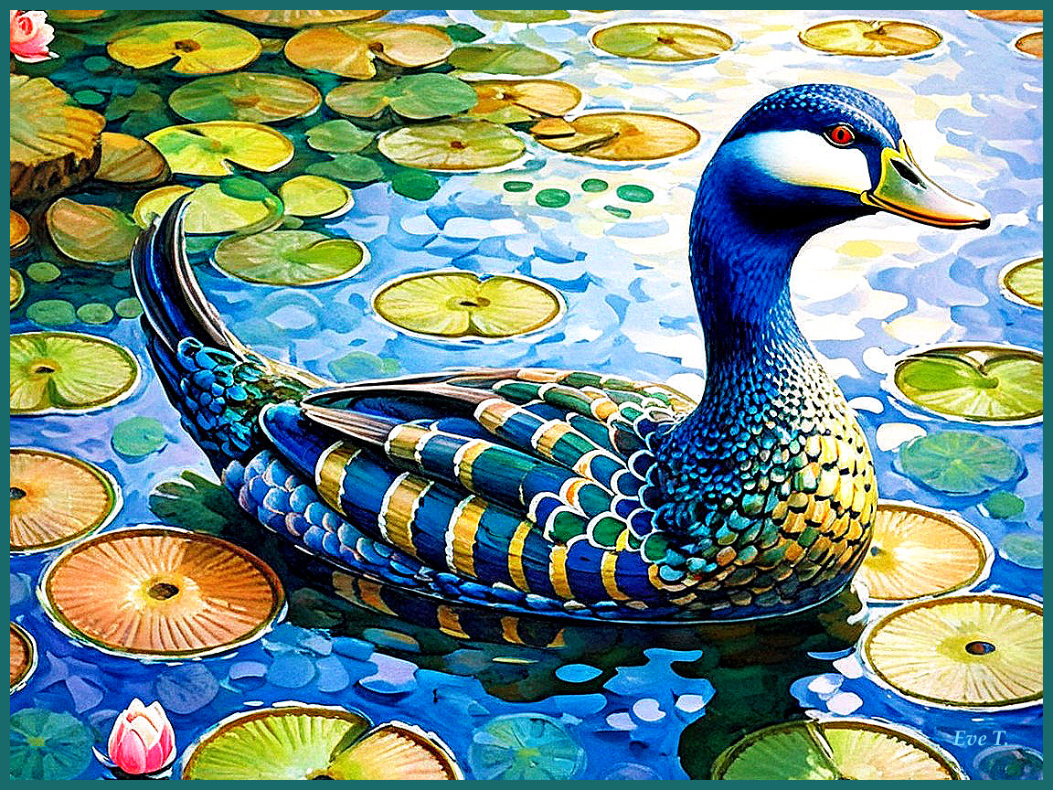 Colorful Duck on Serene Pond with Lily Pads and Lotus