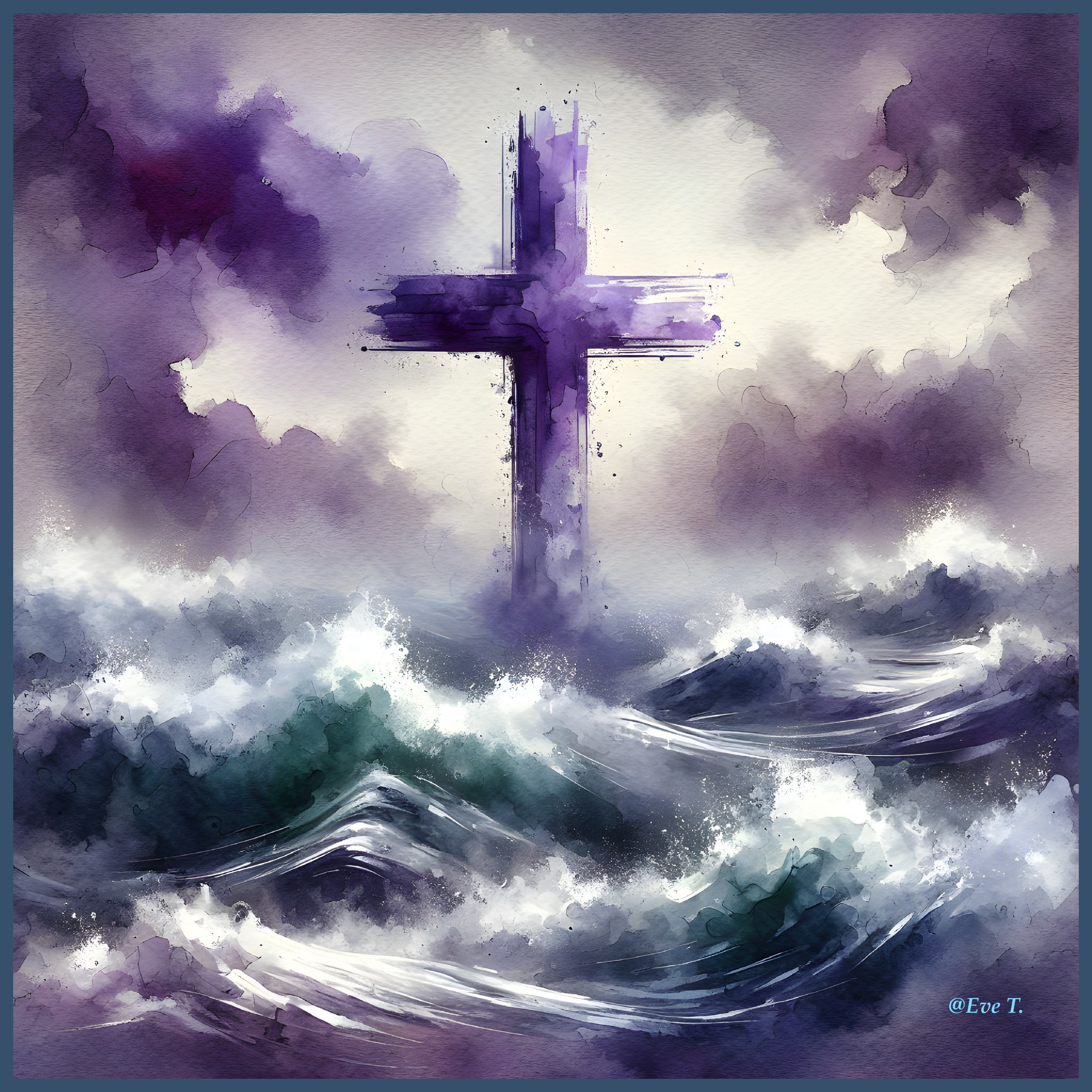 Watercolor of Purple Cross Amidst Tumultuous Waves