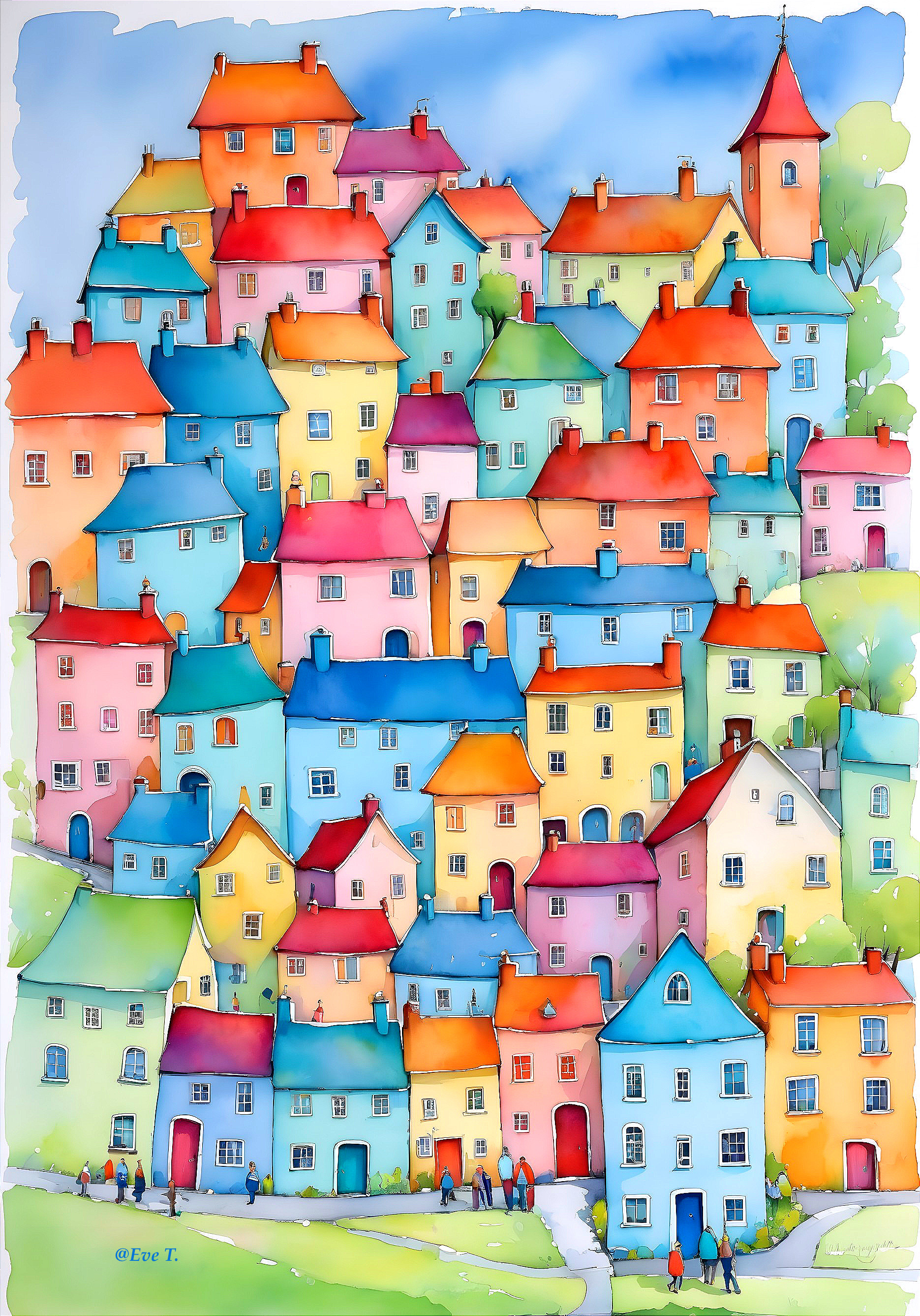 Whimsical Illustration of a Colorful Hillside Village