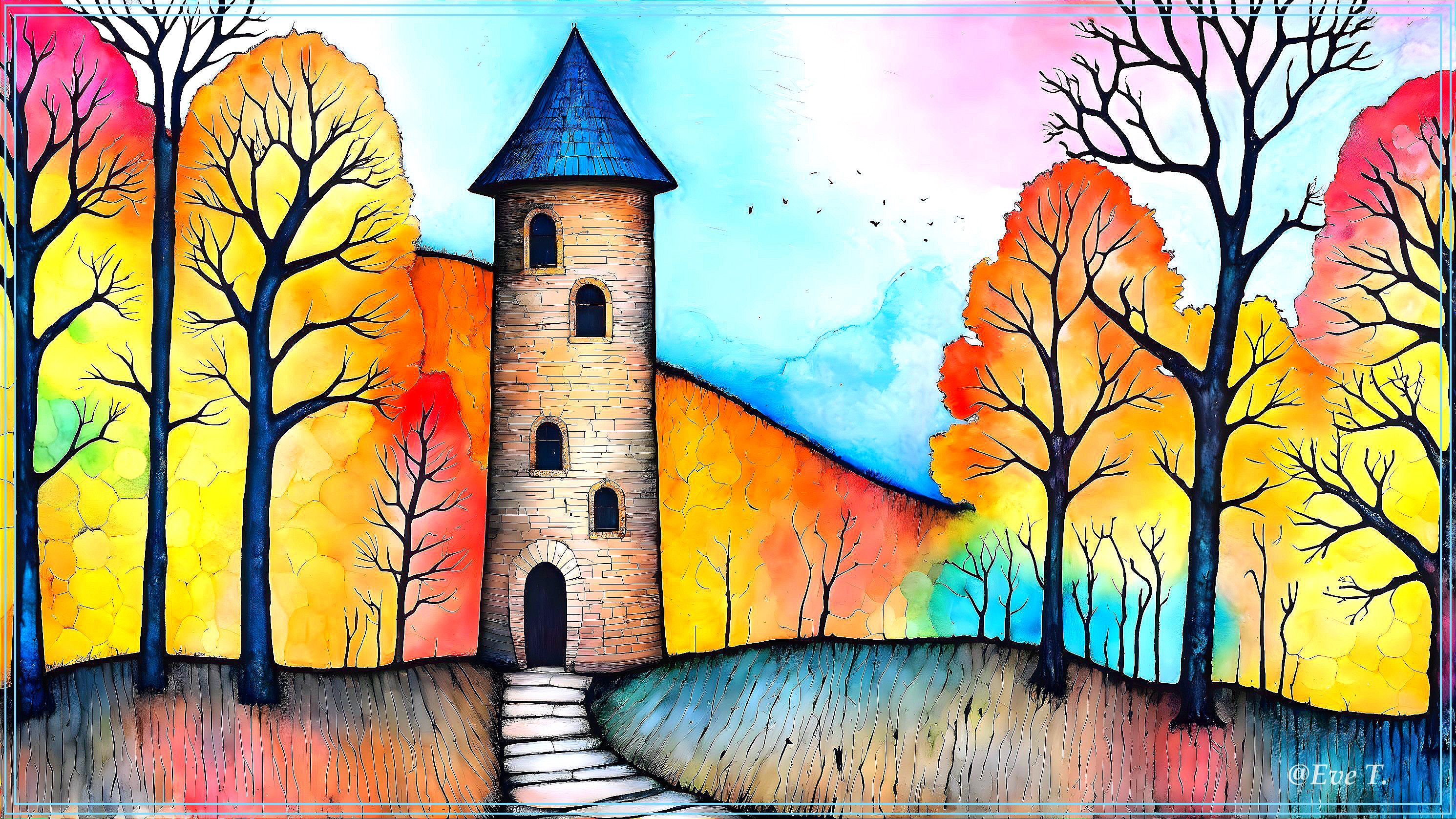 Whimsical Landscape with Stone Tower and Autumn Trees