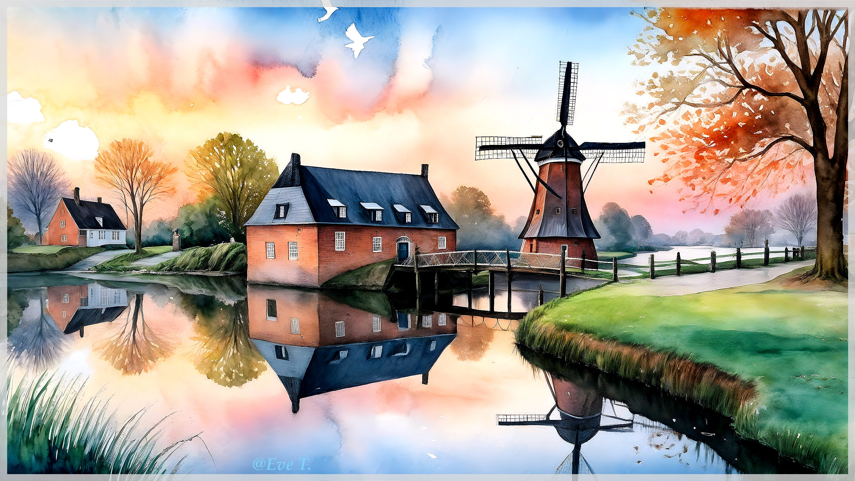 Serene Landscape with Windmill and Sunset Reflection