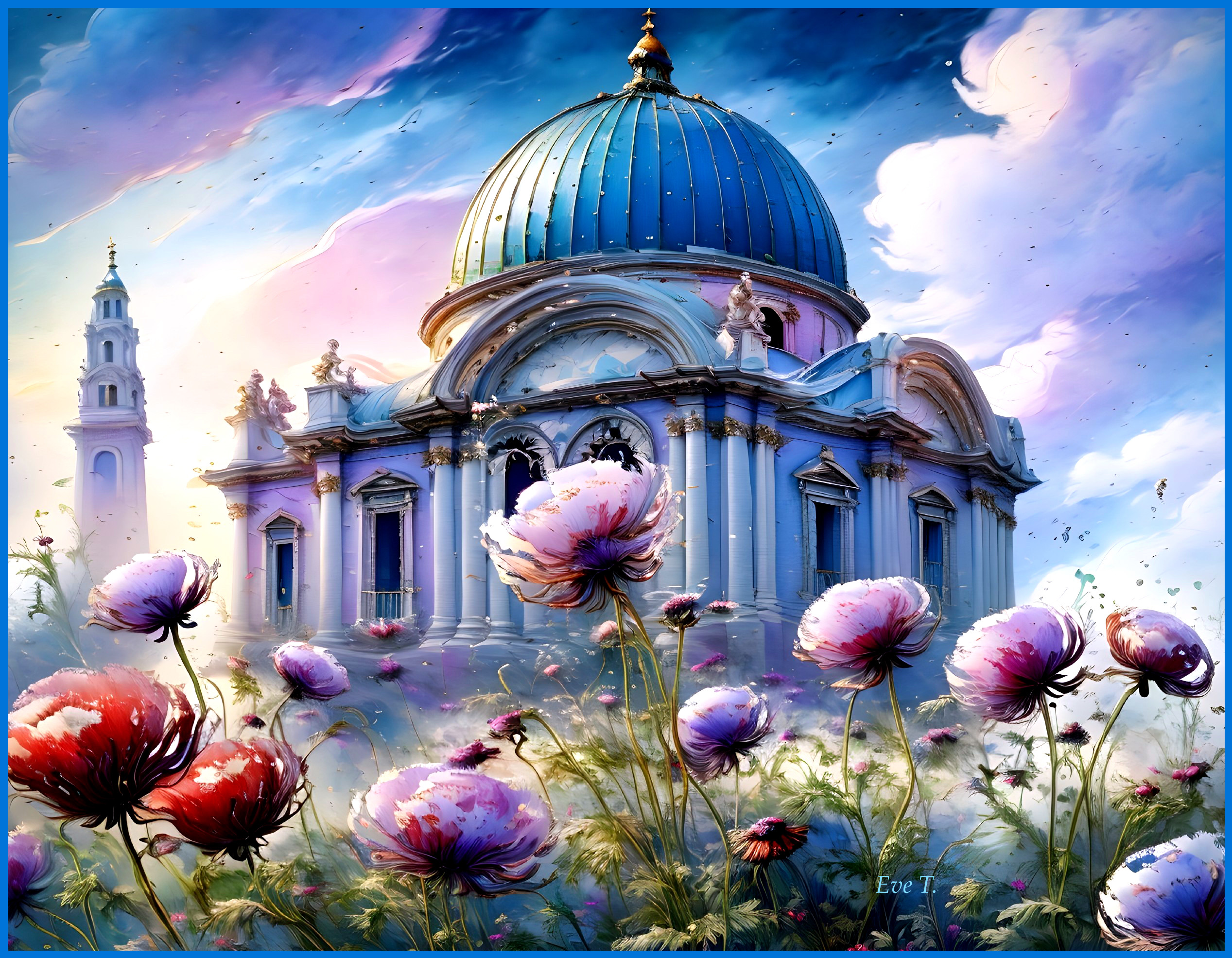 Majestic dome atop ornate building with blooming flowers