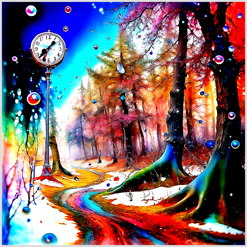 Surreal Forest Landscape with Colorful Trees and Clock