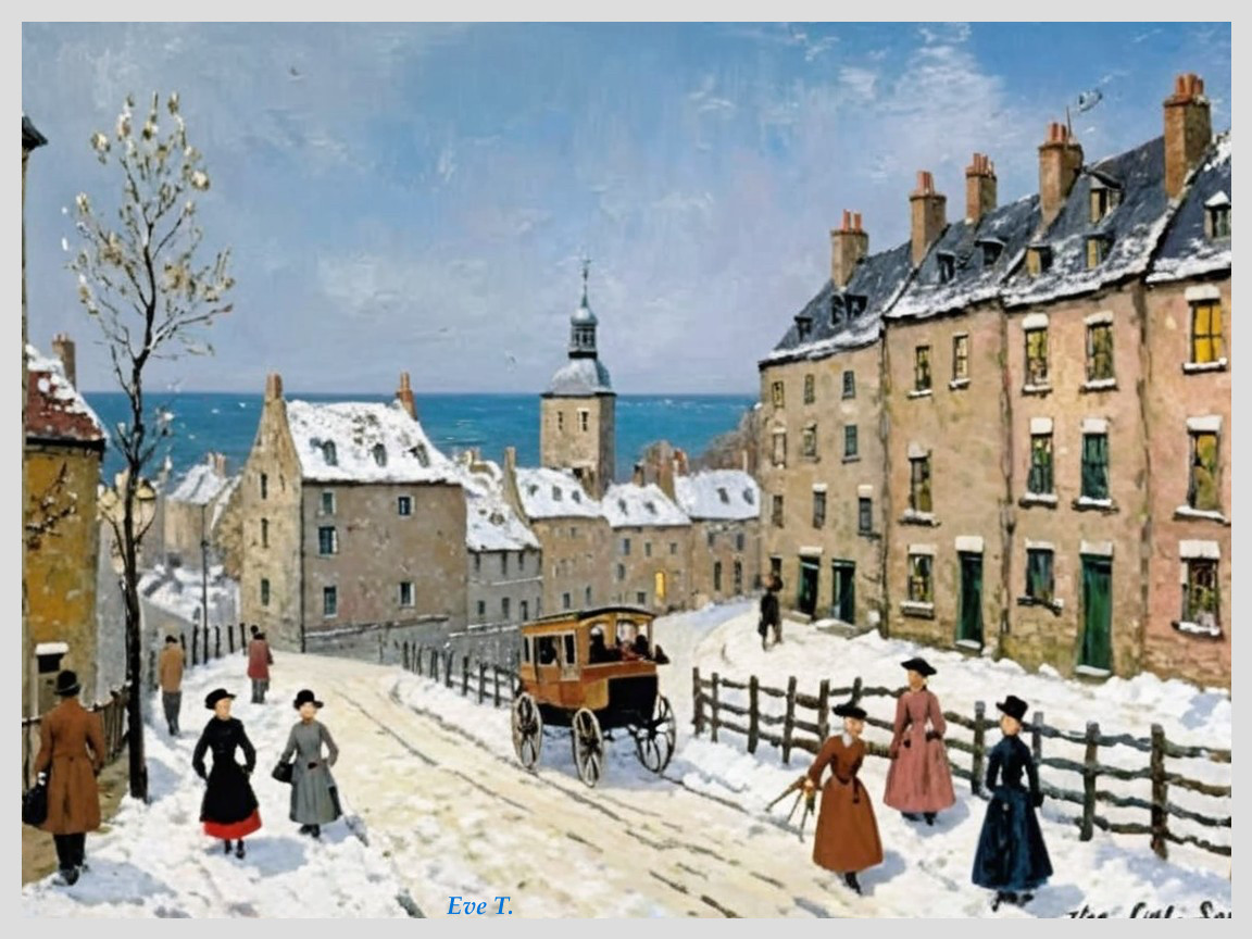 Winter Village Scene with Snow and Vintage Carriage