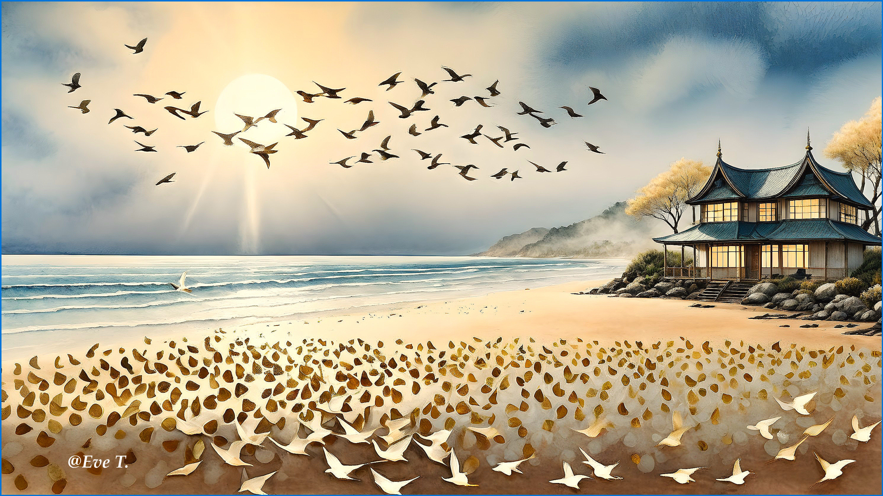 Serene Beach Scene at Sunrise with Ornate Building
