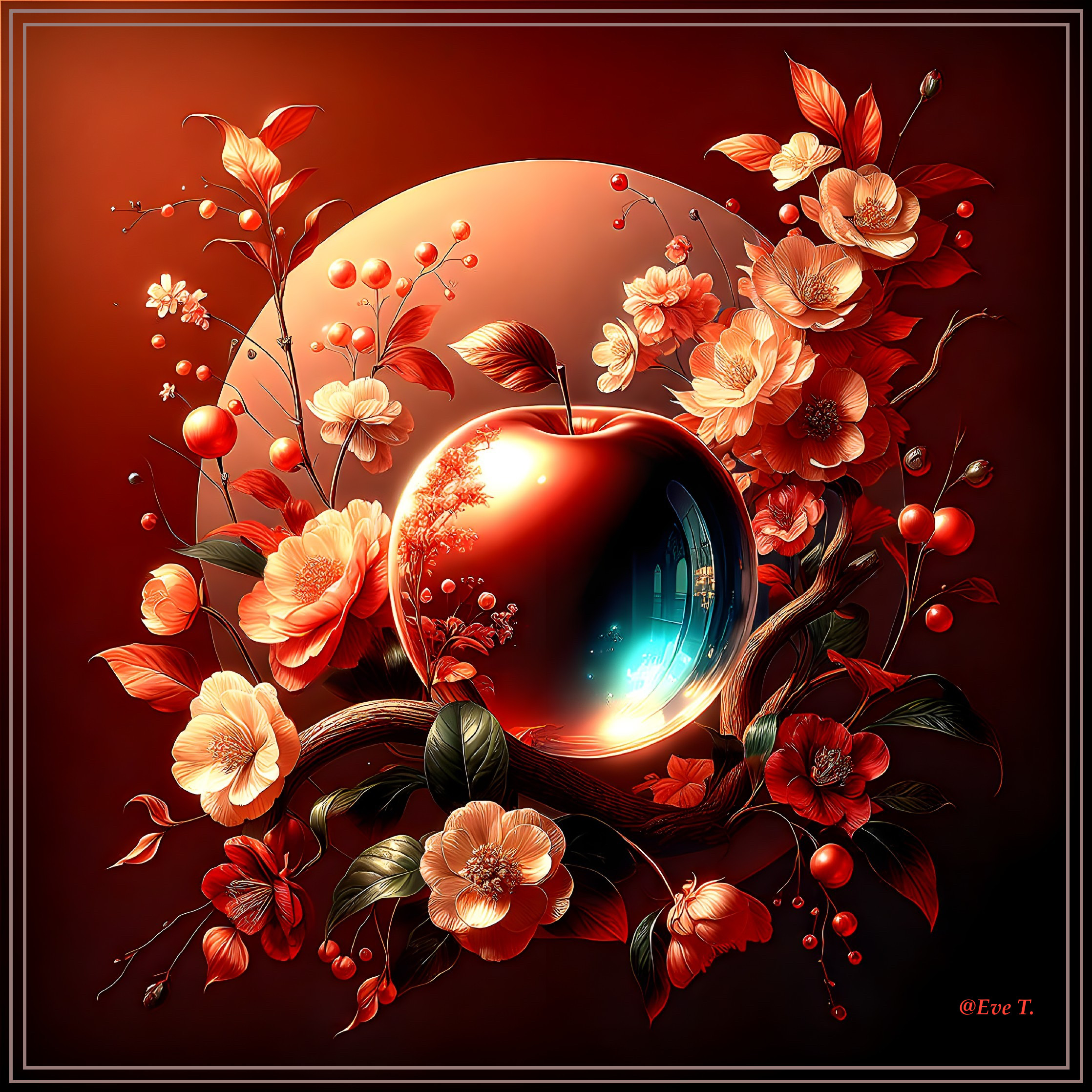 Surreal Composition of Glossy Apple and Floral Designs