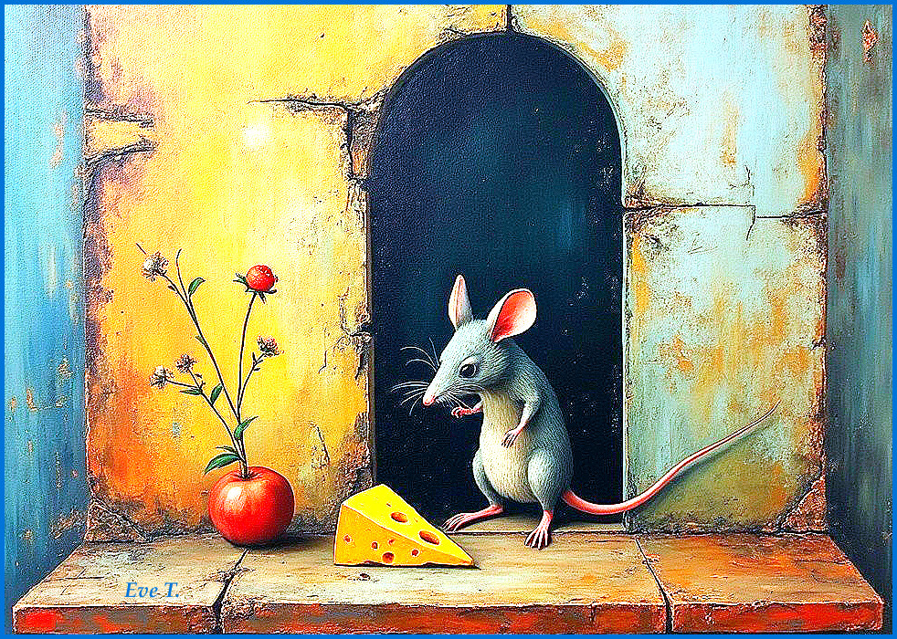 Cartoon Mouse with Cheese and Apple in Whimsical Scene