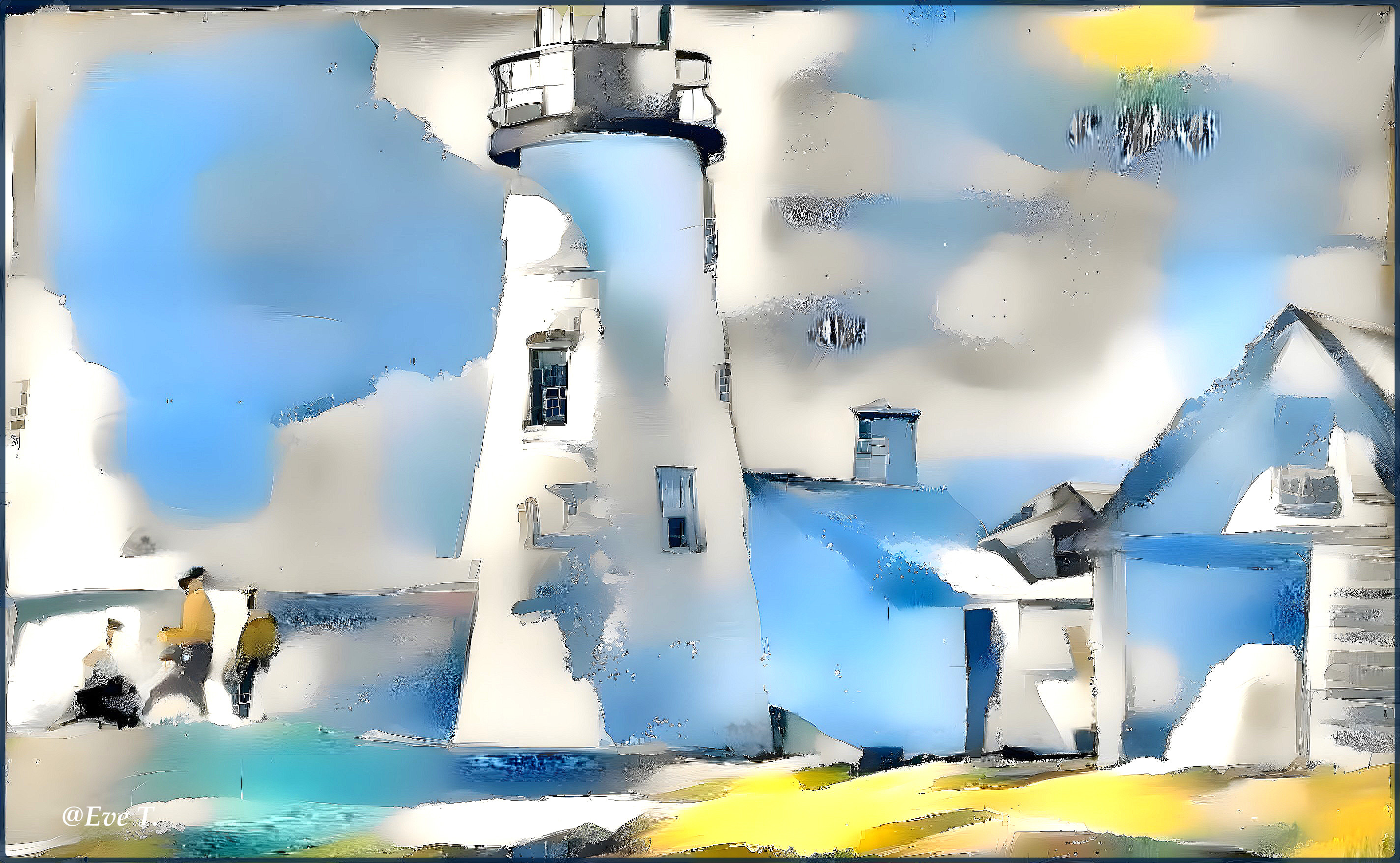 Lighthouse and Coastal Scene with People Strolling