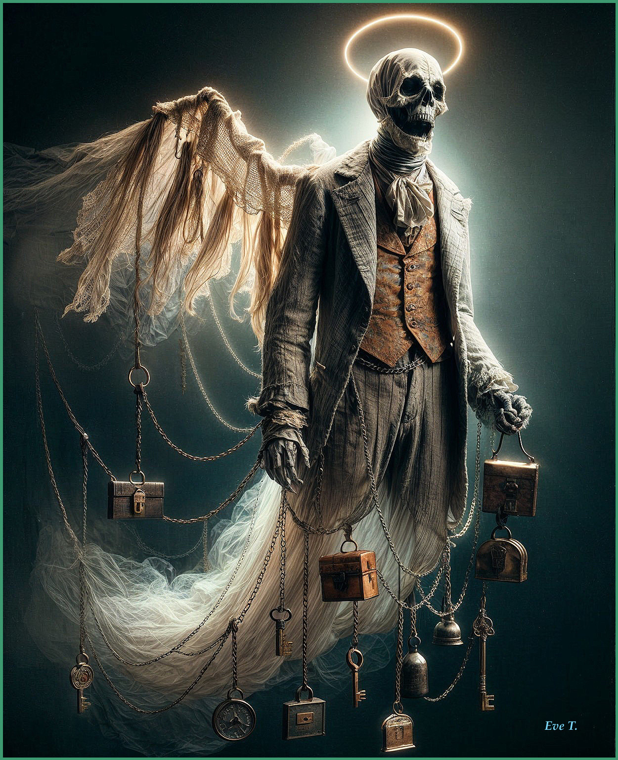 Skeletal Figure in Vintage Attire with Ethereal Elements