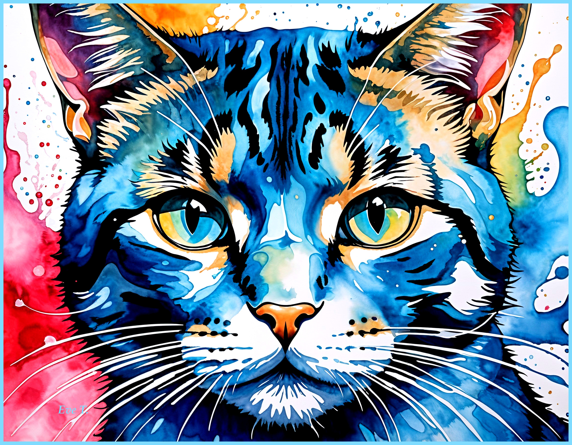 Colorful Watercolor Painting of a Cat's Face