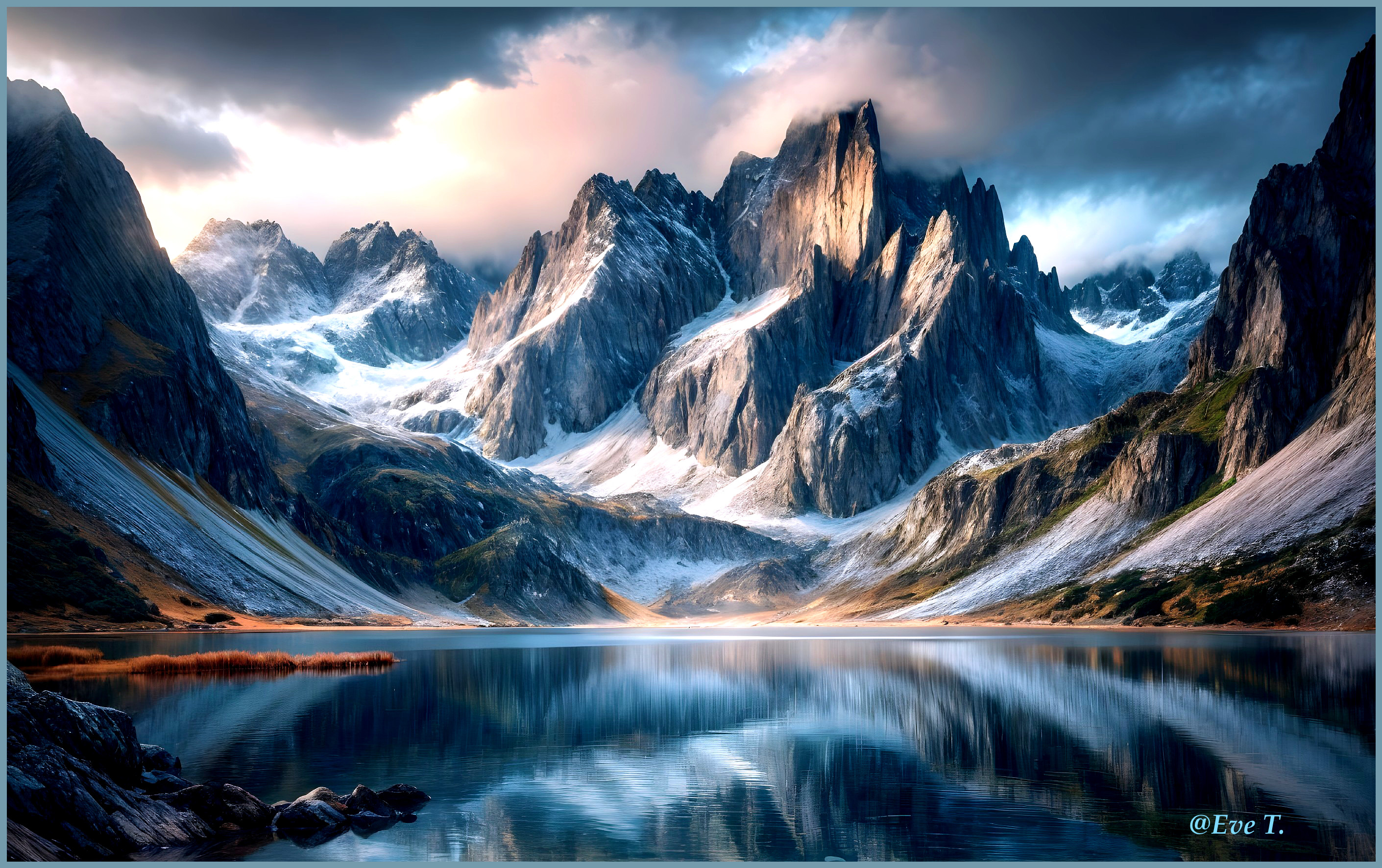 Mountain Landscape with Peaks, Lake, and Clouds