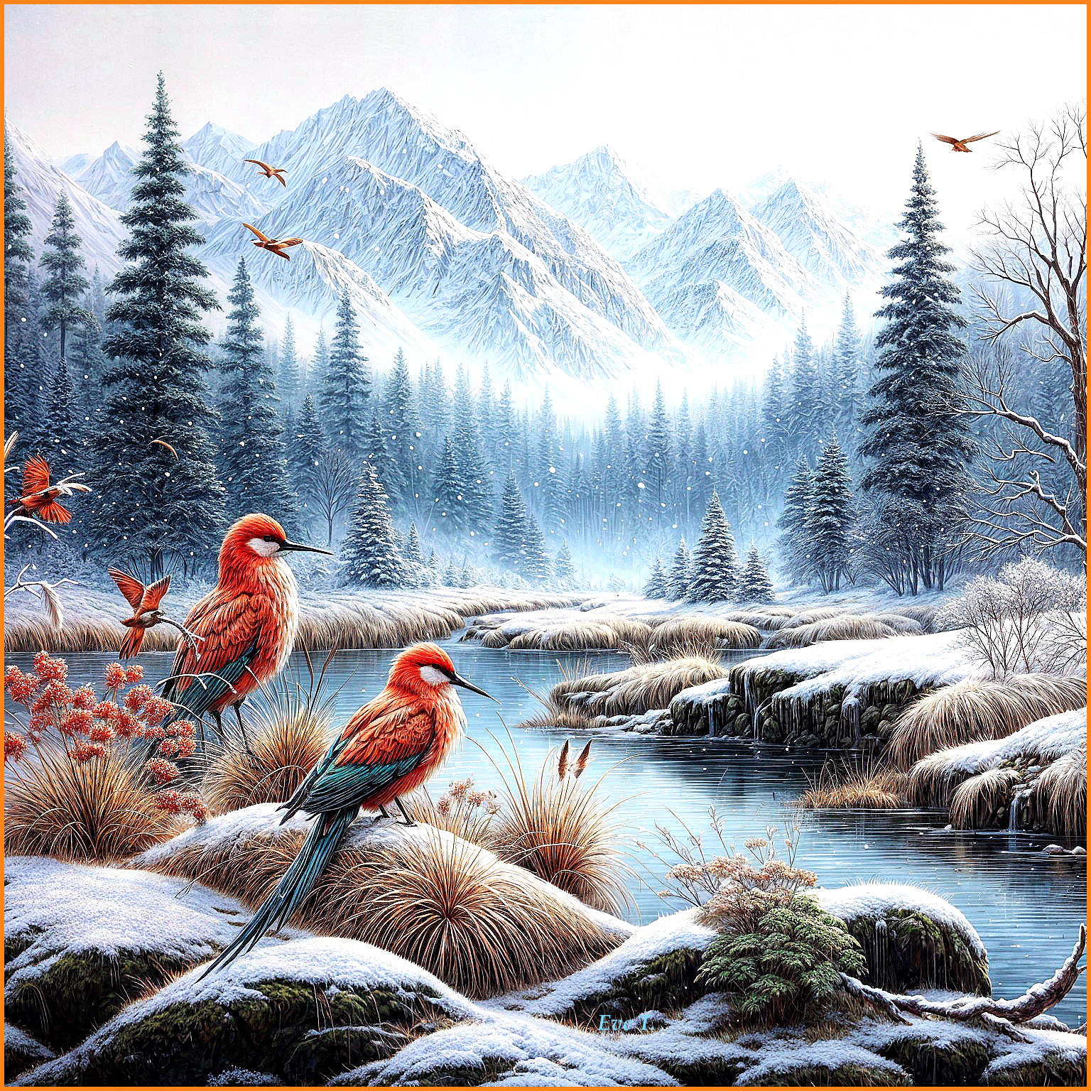 Winter Landscape with Colorful Birds and Mountains
