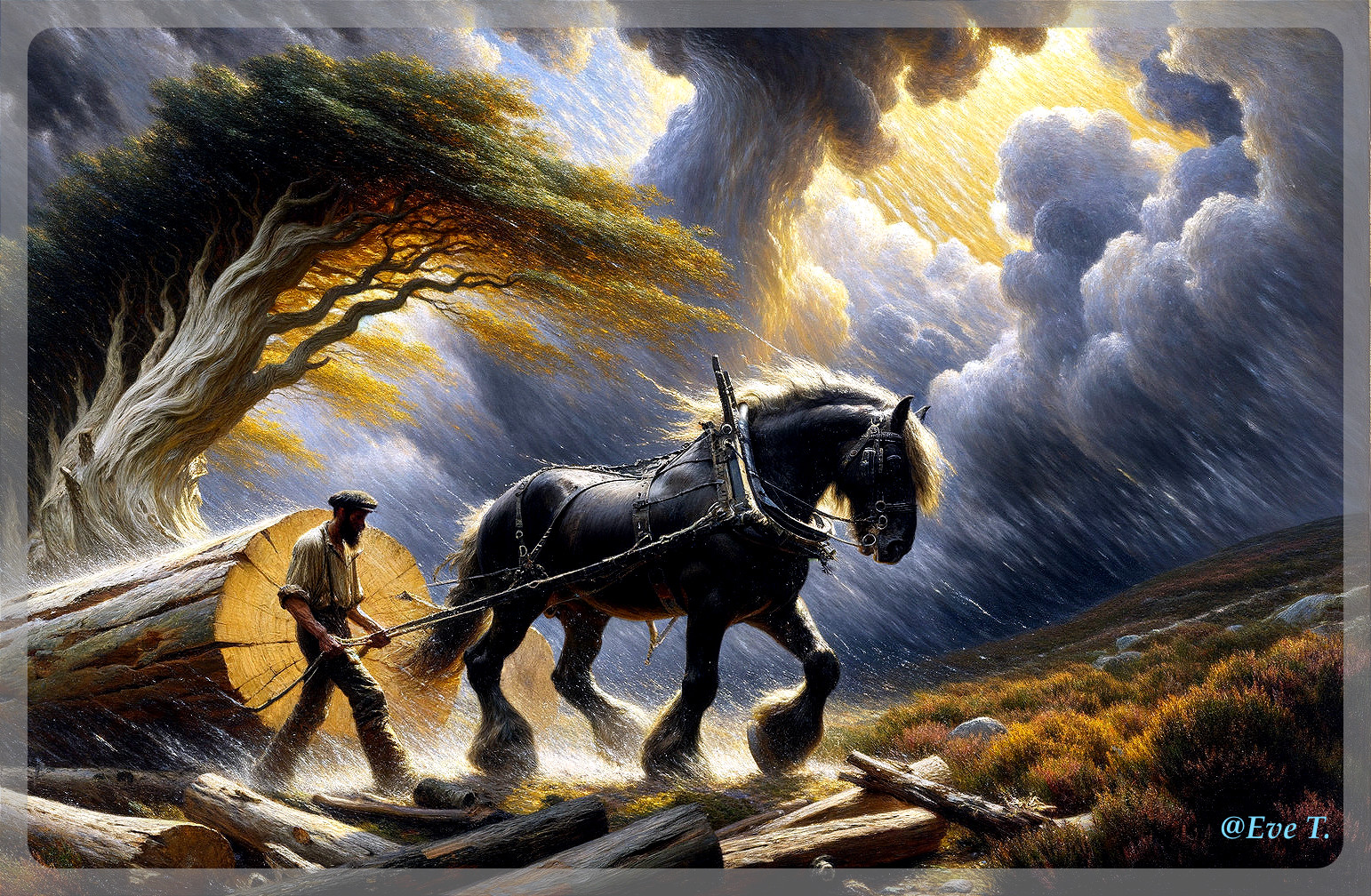 Solitary Figure and Horse in Stormy Landscape