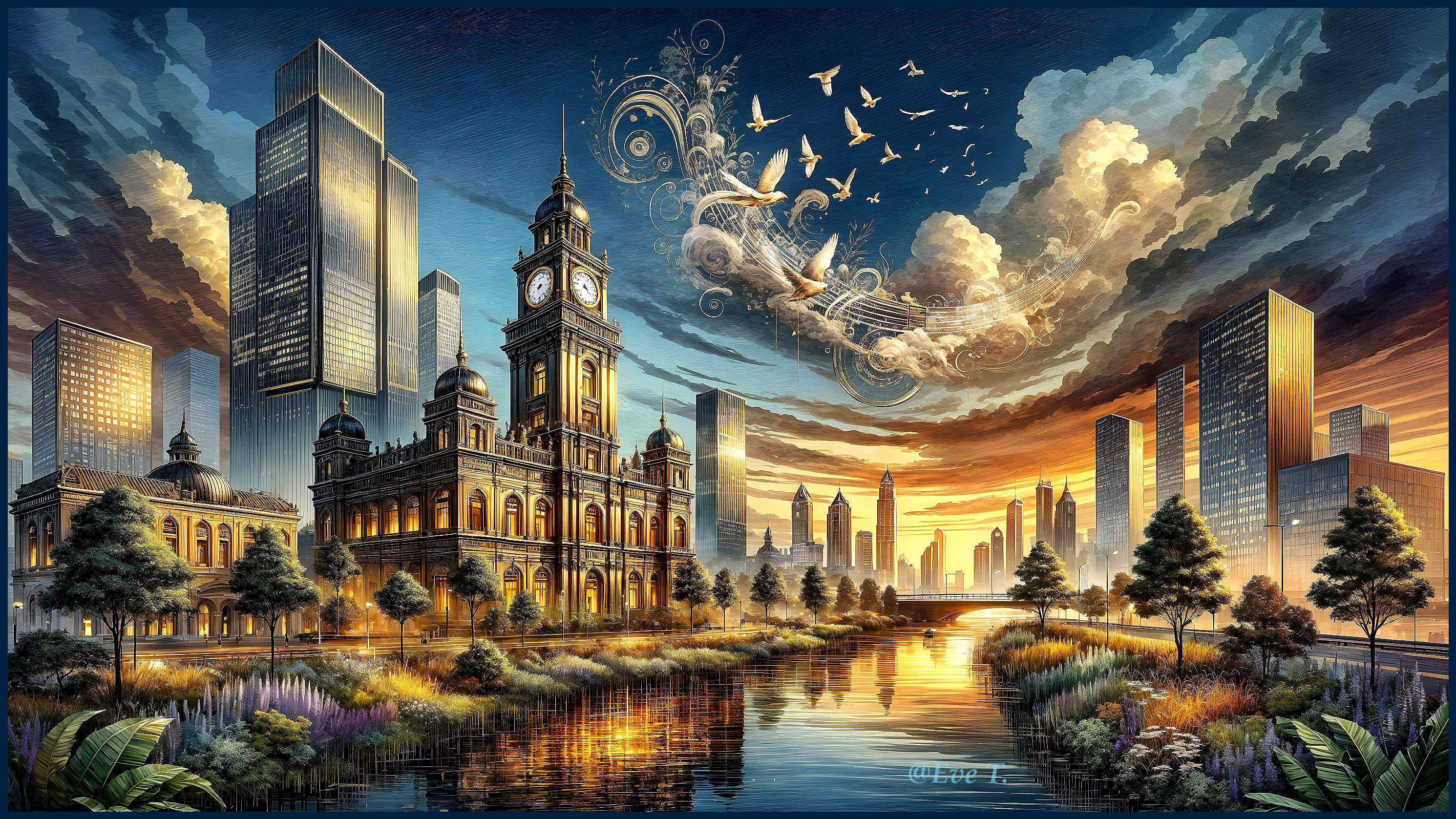 Cityscape at Sunset with Clock Tower and River