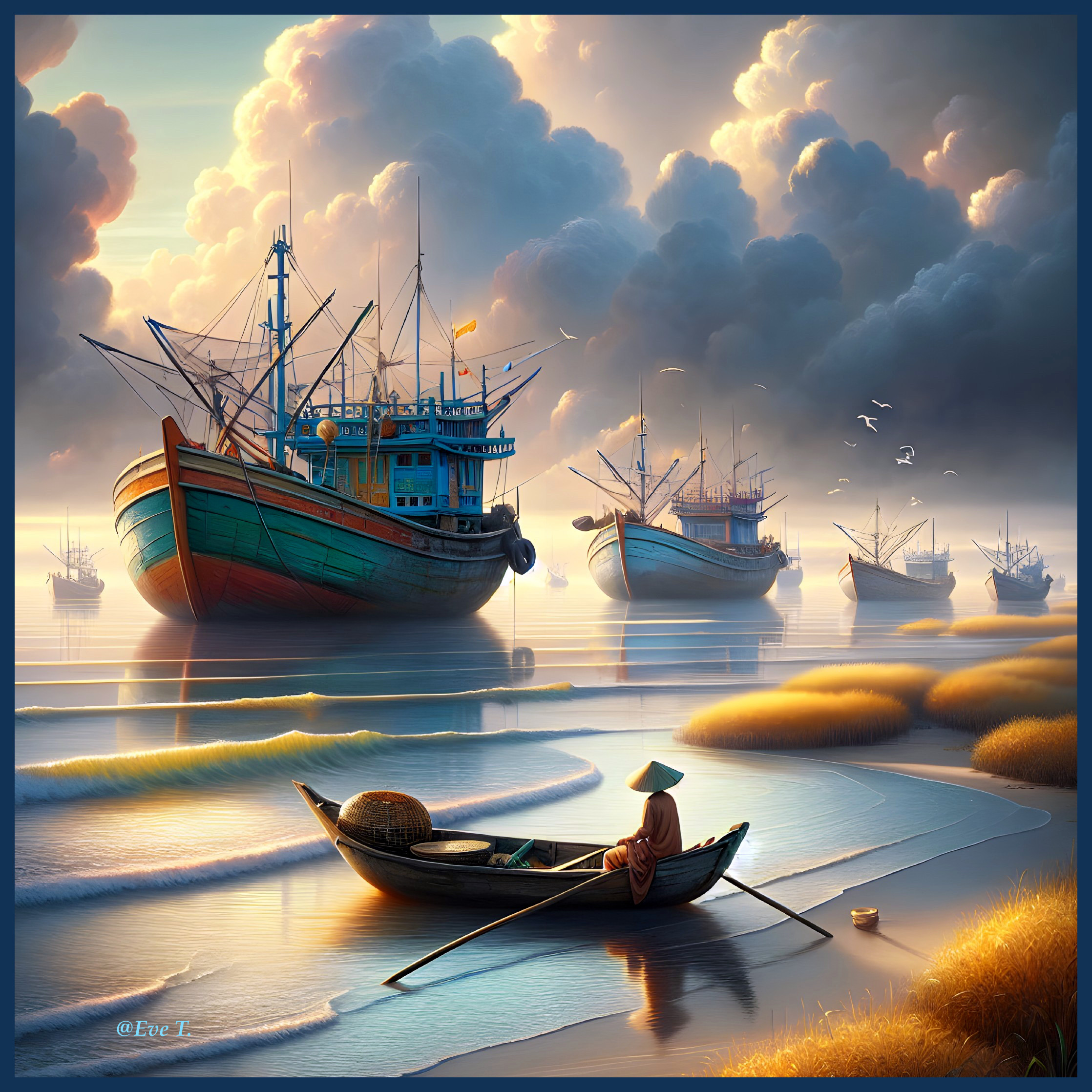 Serene Coastal Scene with Fishing Boats and Dawn Light