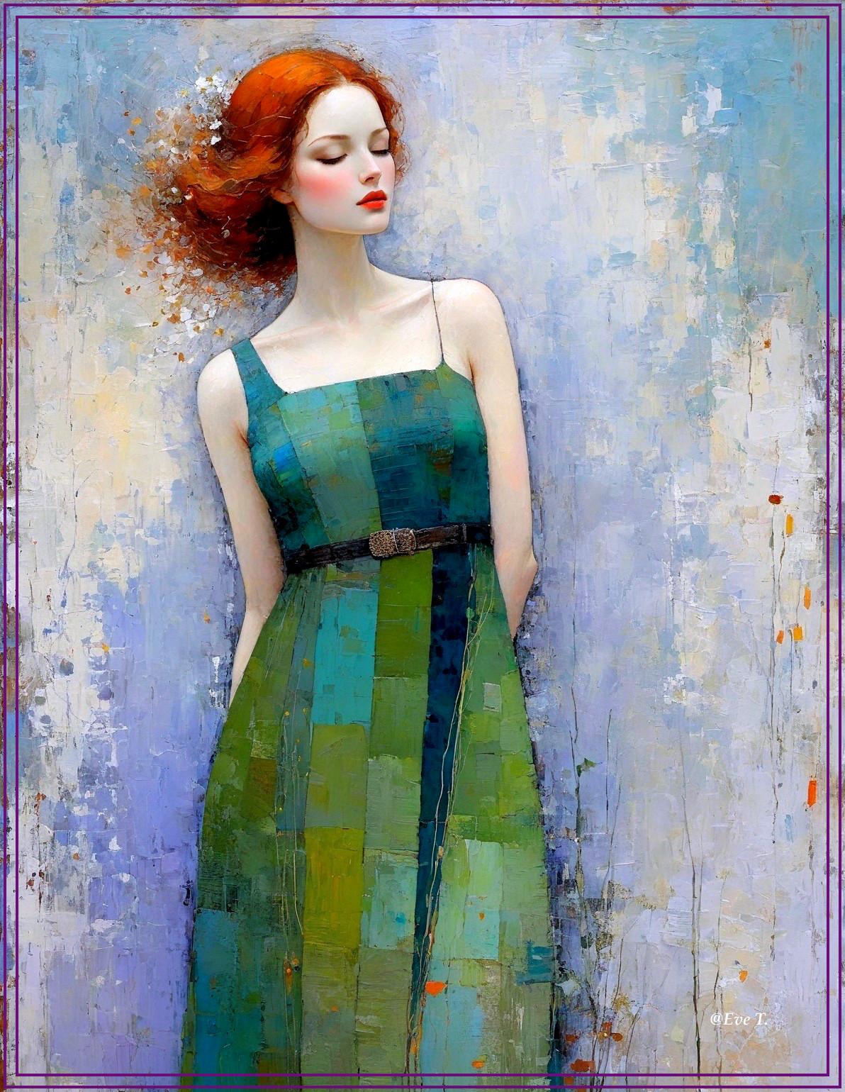 Woman with Red Hair in Abstract Blue and Green Background