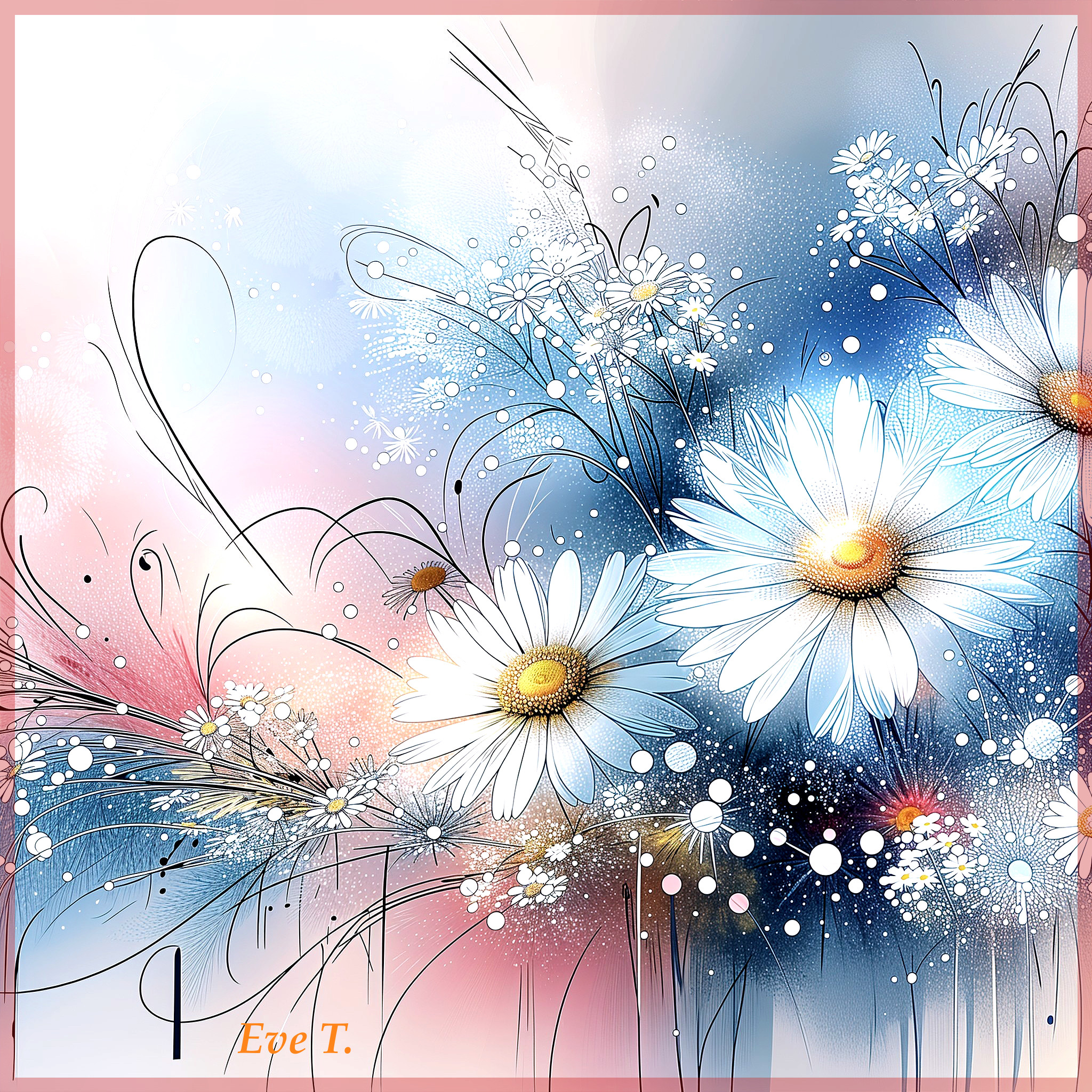 Vibrant Abstract Design with Daisies and Colorful Swirls