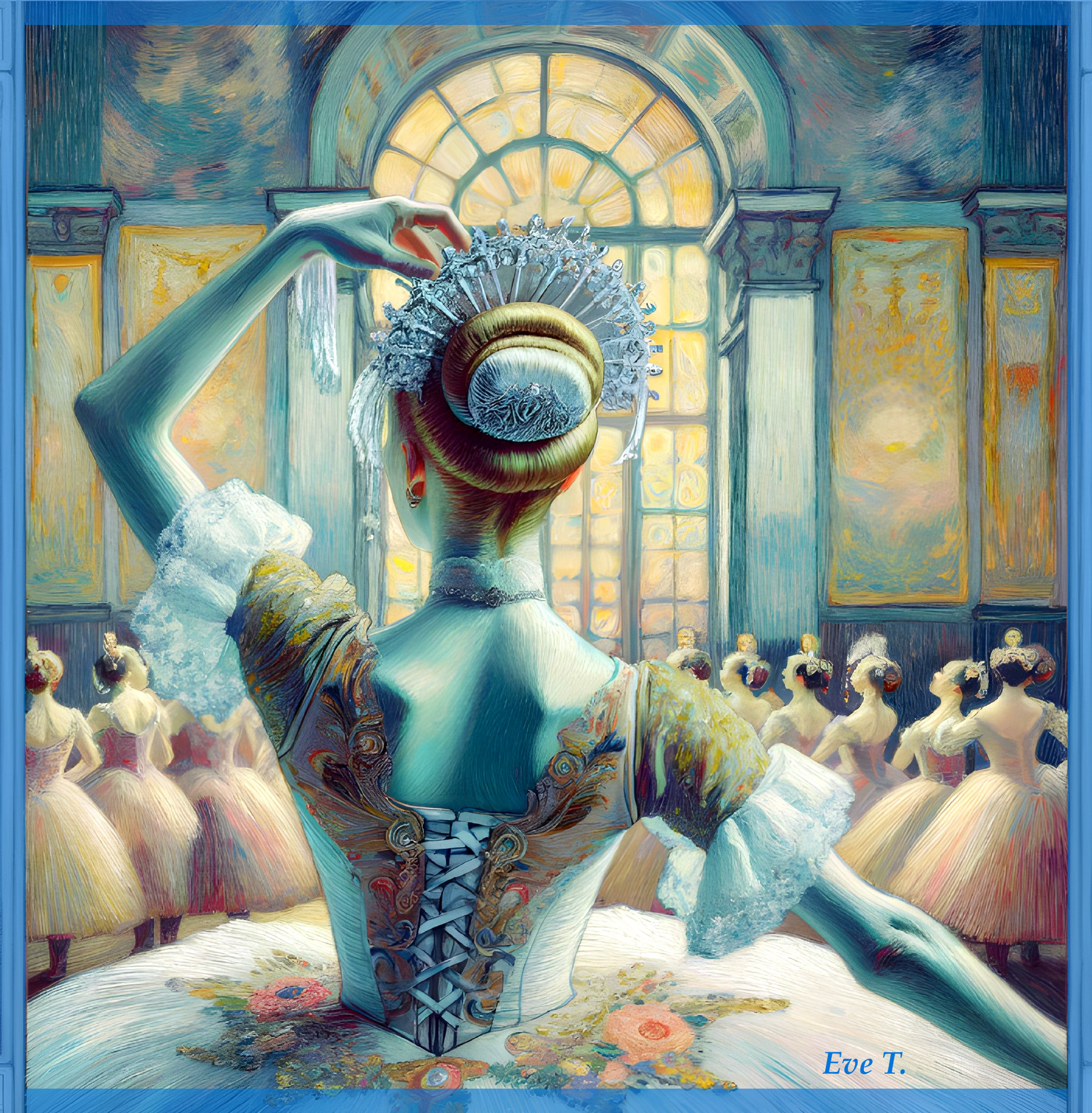 Ballet Dancer in Floral Costume in Grand Hall Setting