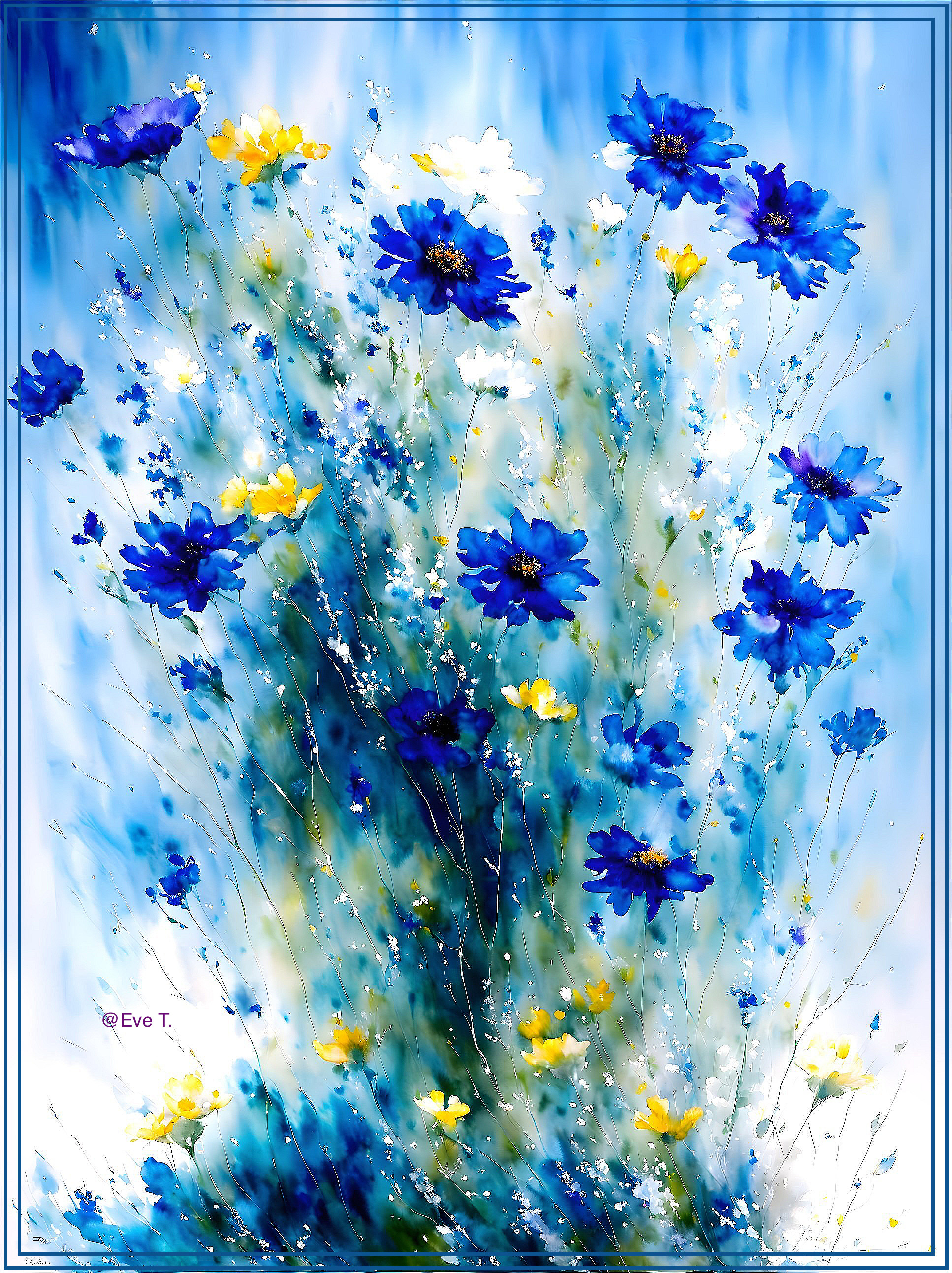Vibrant Abstract Floral Painting with Blue and Yellow Flowers