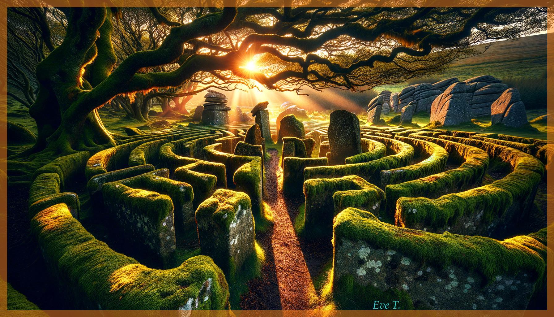 Mystical Stone Maze Surrounded by Lush Greenery