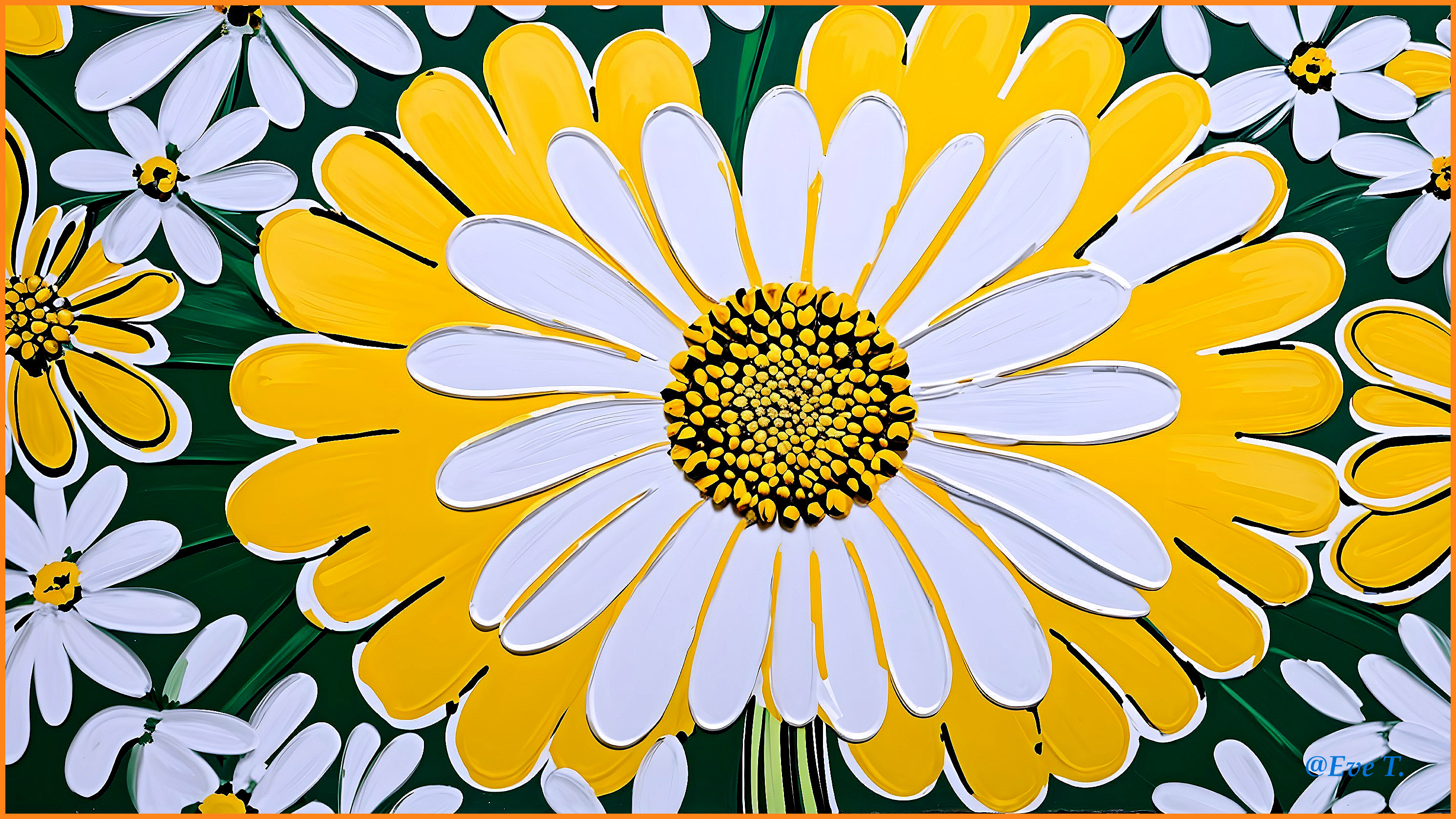Vibrant Artwork of Bold Daisies on Green Background