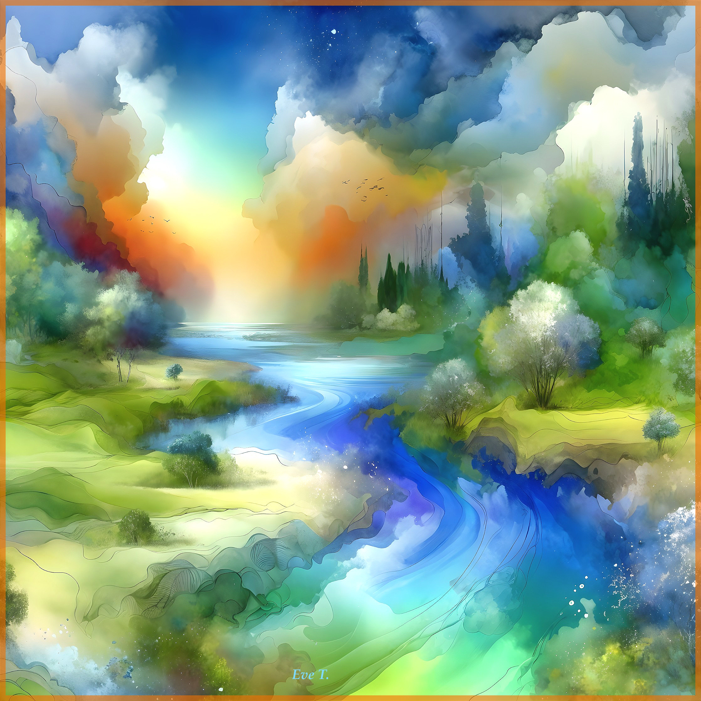 Vibrant Landscape Painting of a Serene River at Sunset