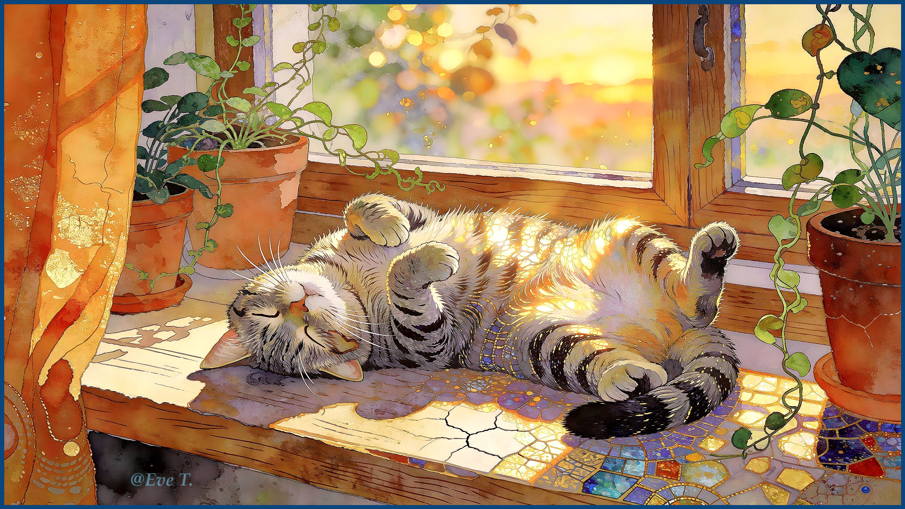 Watercolor Painting of a Tabby Cat in Sunlight