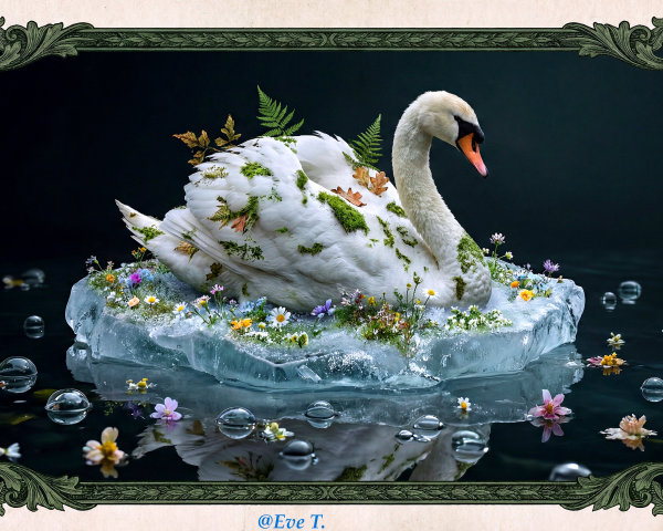 Nature-Inspired Swan on Ice with Floral Details