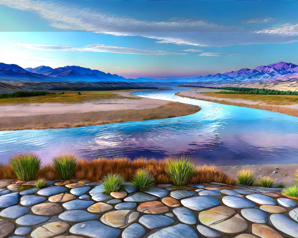 Winding River in a Serene Mountain Valley Landscape