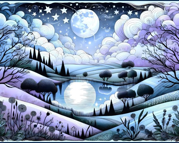 Dreamlike Landscape with Moonlit Lake and Hills