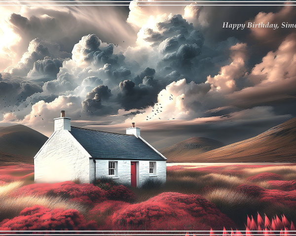 Quaint Cottage Surrounded by Red Flowers and Clouds