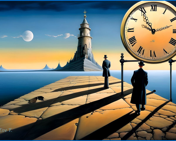 Surreal Landscape with Lighthouse and Clock Elements