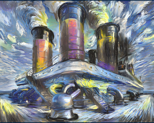 Surreal Artwork of Ship with Colorful Smoke and Sky
