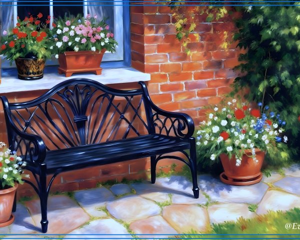 Charming Garden Scene with Wrought-Iron Bench and Flowers